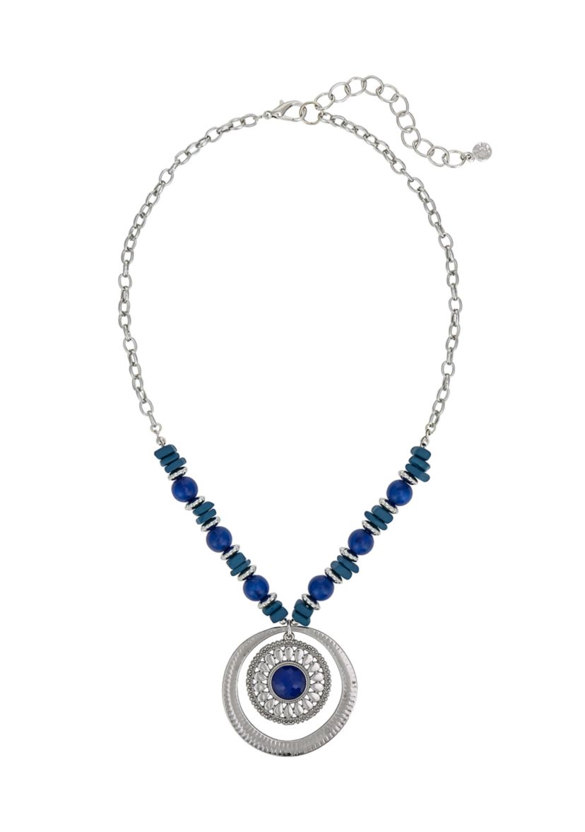 Silver-Tone Short Round Texture Disc Orbital Pendant Necklace 