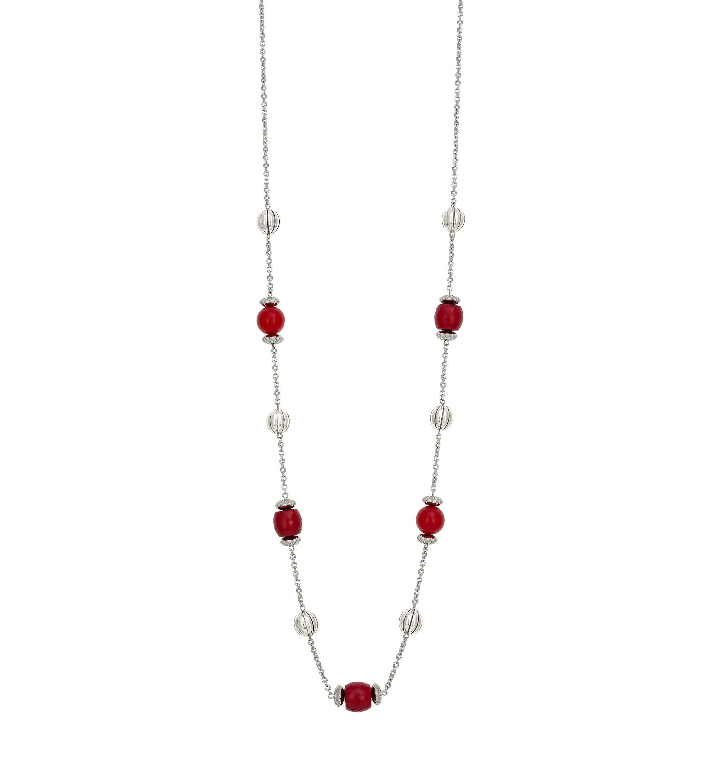 Silver-Tone Long Illusion with Red Bead Stations Necklace