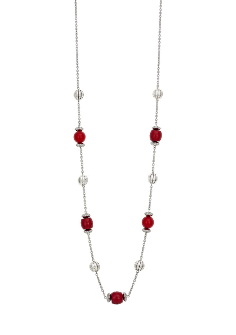 Silver-Tone Long Illusion with Red Bead Stations Necklace