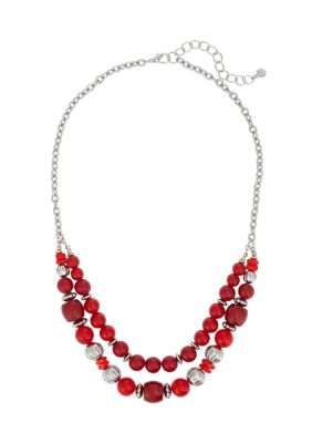 Ruby Rd Silver-Tone 2-Row Red and Textured Metal Bead Frontal Necklace ...