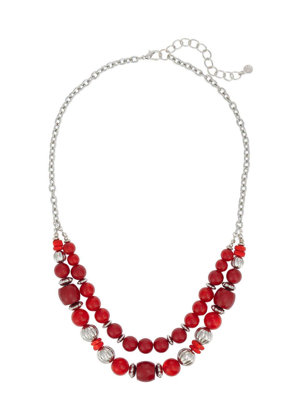 Silver-Tone 2-Row Red and Textured Metal Bead Frontal Necklace