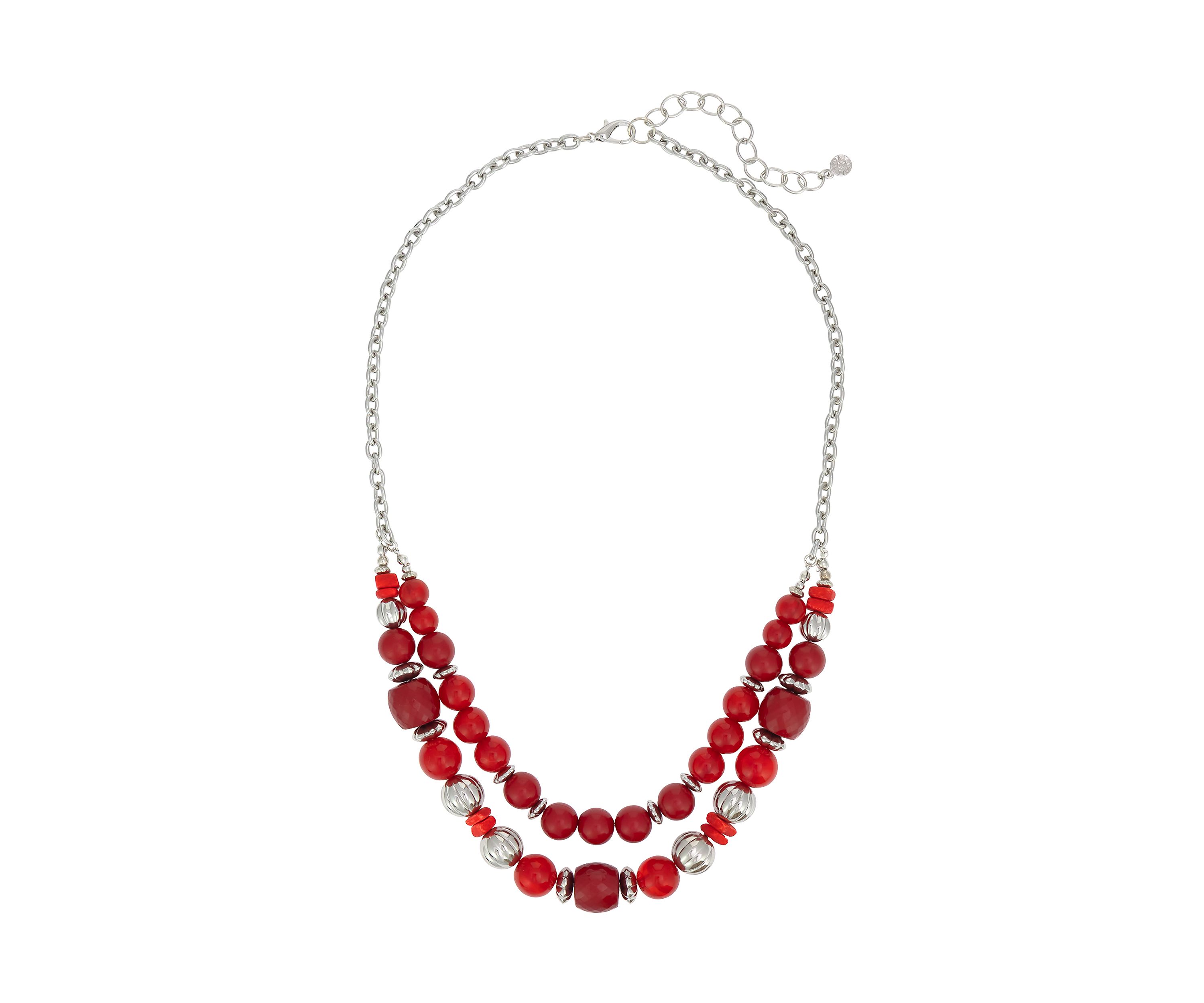 Silver-Tone 2-Row Red and Textured Metal Bead Frontal Necklace