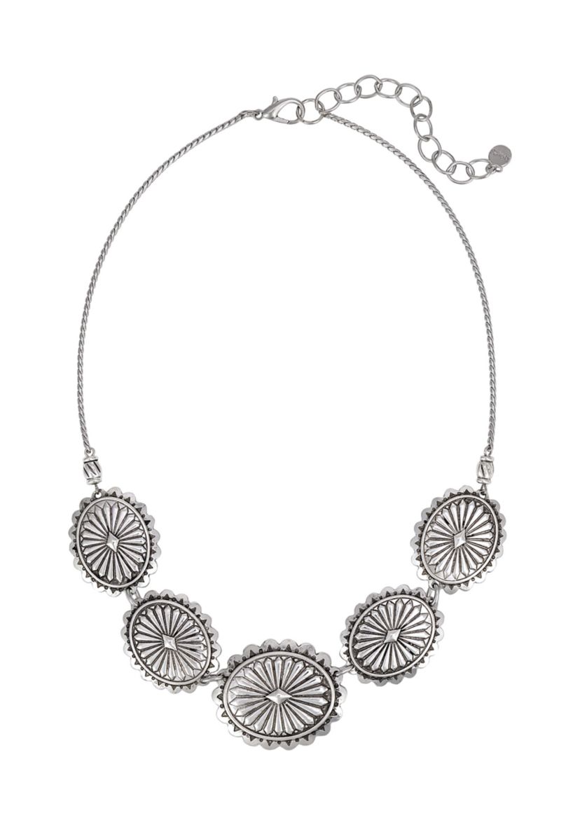 Silver-Tone Etched Disc Frontal Necklace 