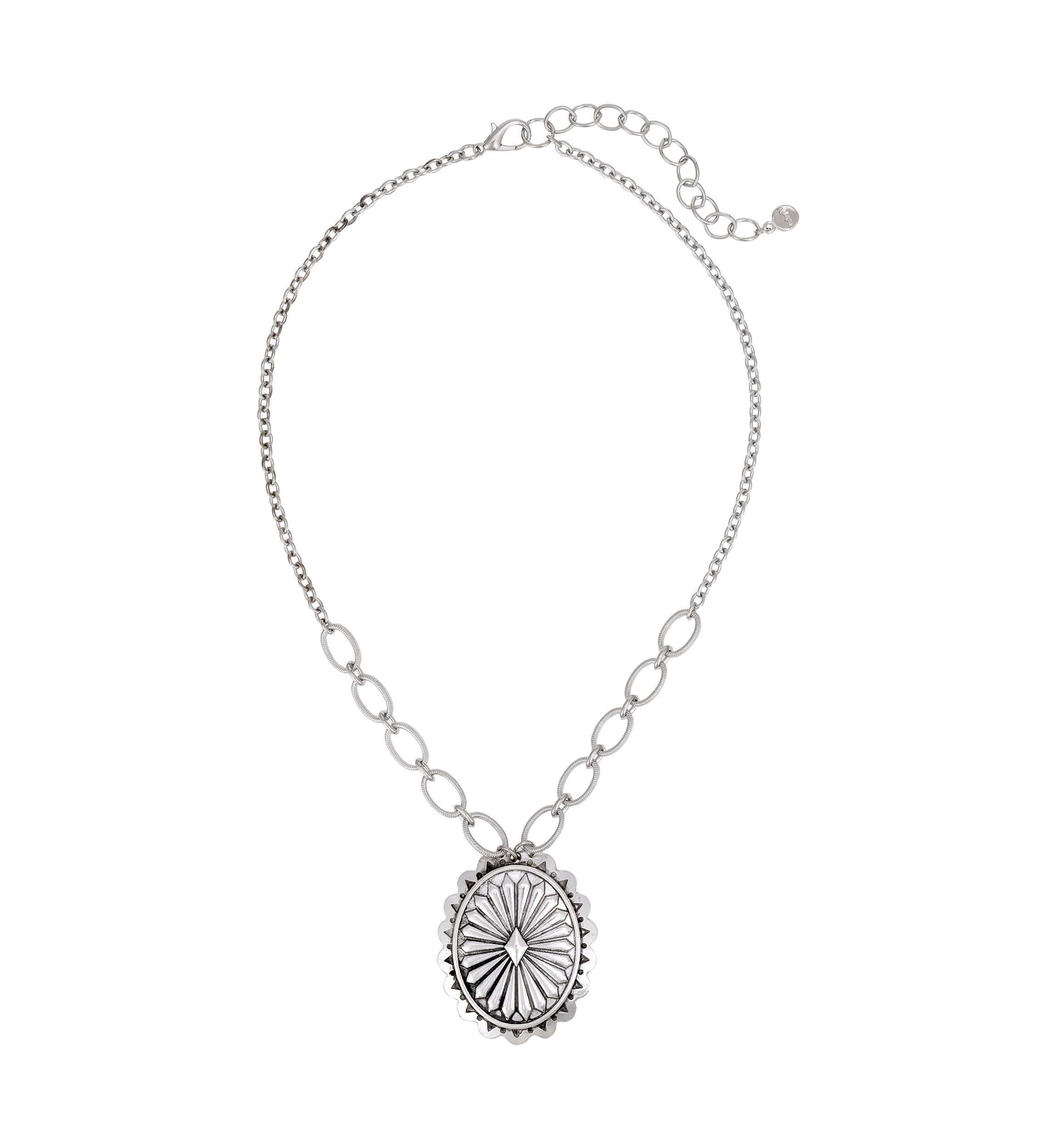 Silver-Tone Round Etched Disc Pendant Necklace 