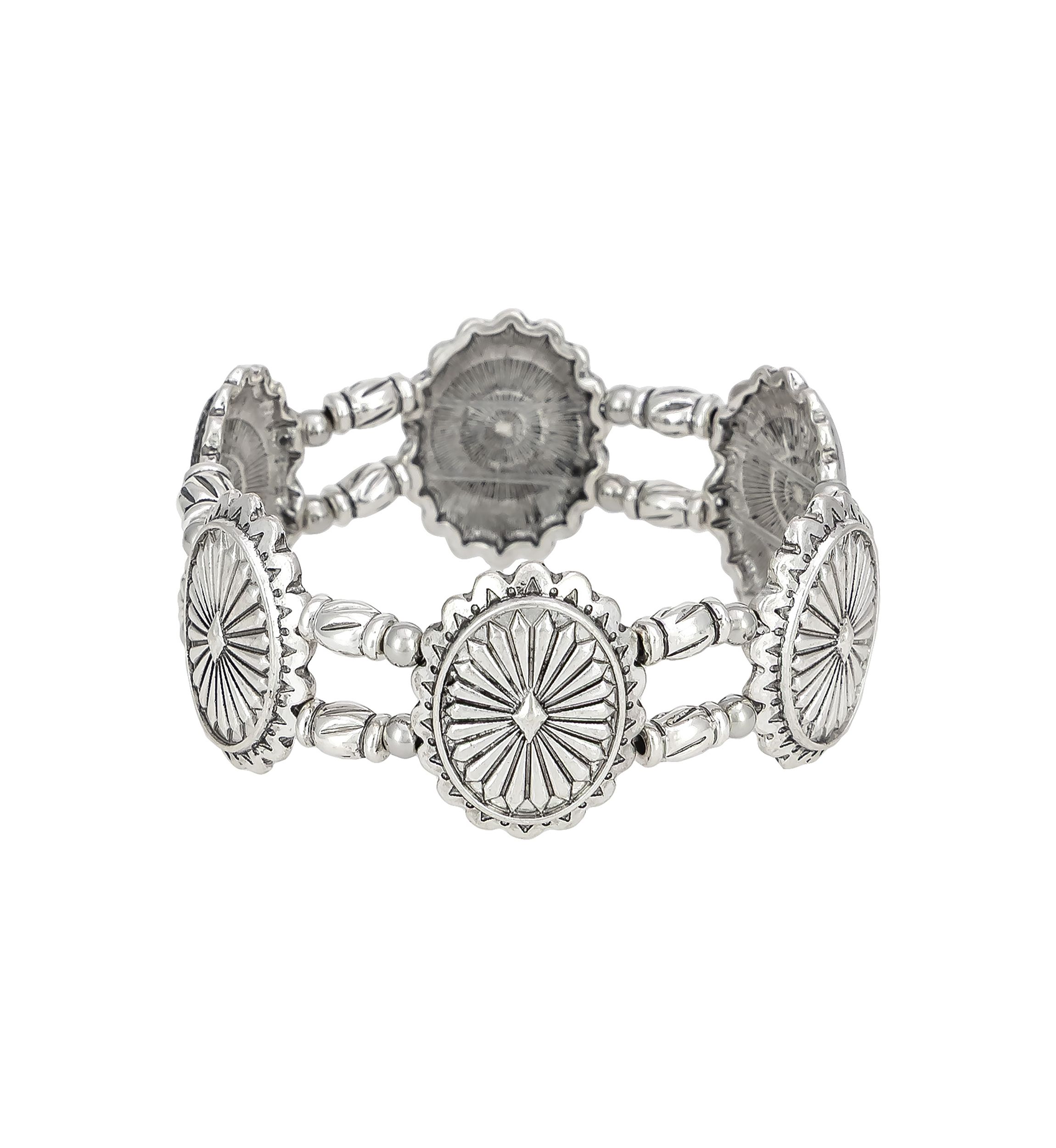 Silver-Tone Etched Round Disc Stretch Bracelet 