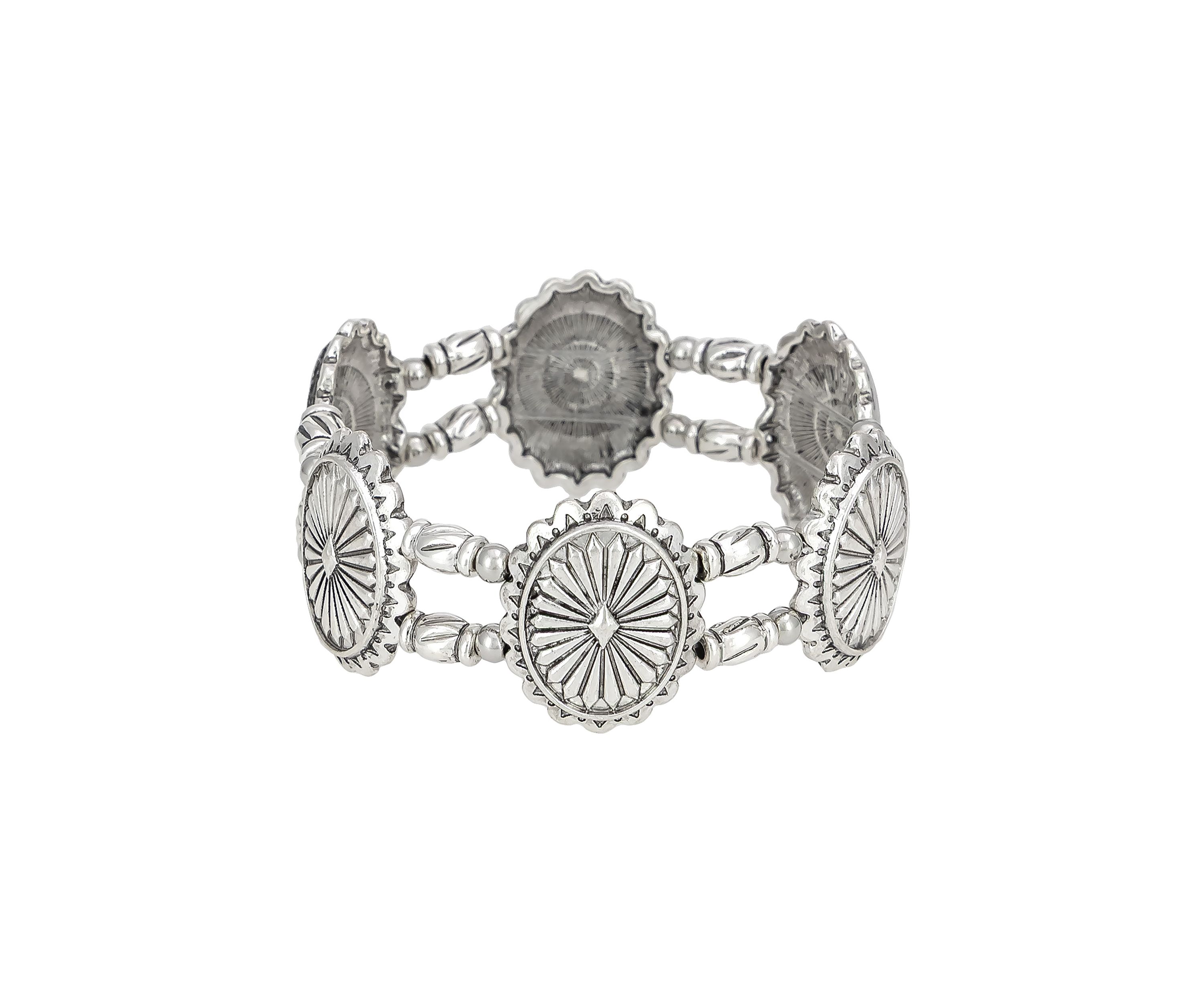 Silver-Tone Etched Round Disc Stretch Bracelet 