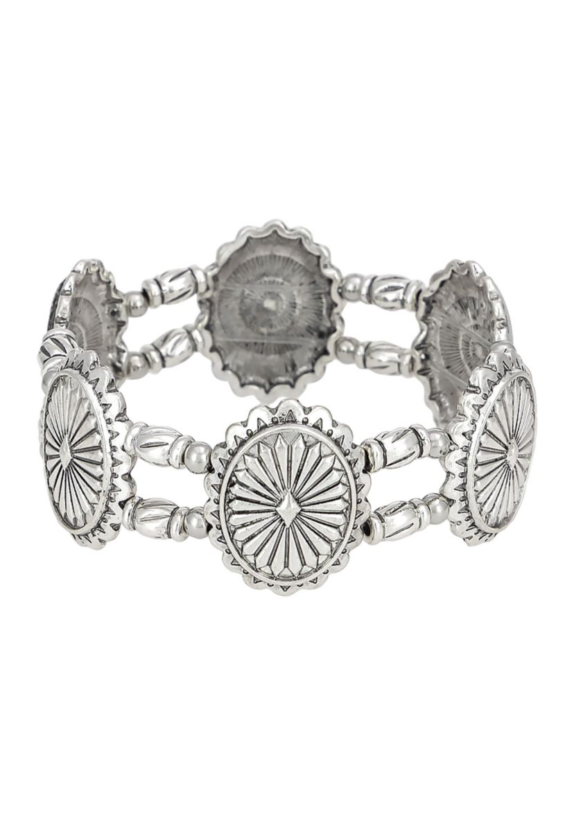Silver-Tone Etched Round Disc Stretch Bracelet 