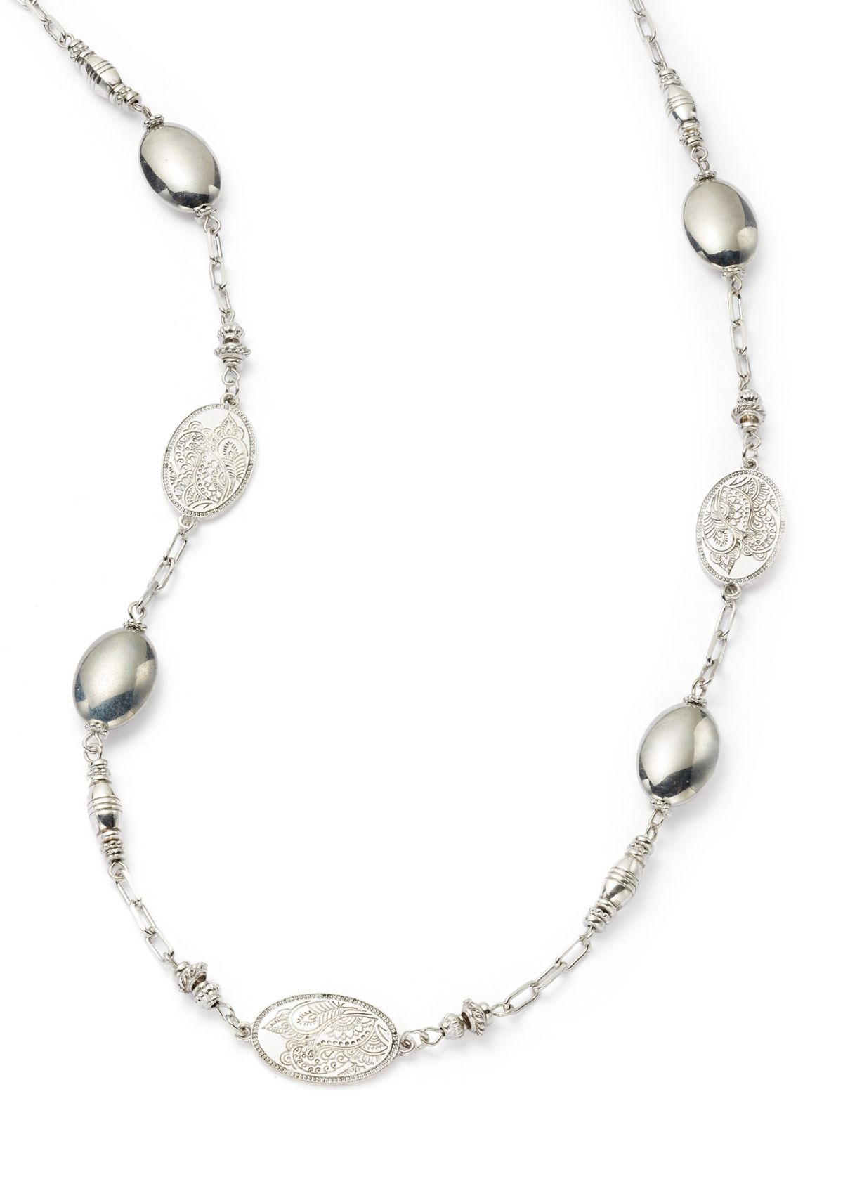 Silver Tone Long Linked Etched Bead Necklace