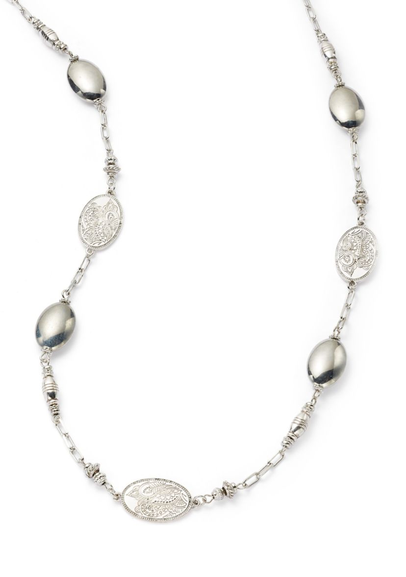 Silver Tone Long Linked Etched Bead Necklace