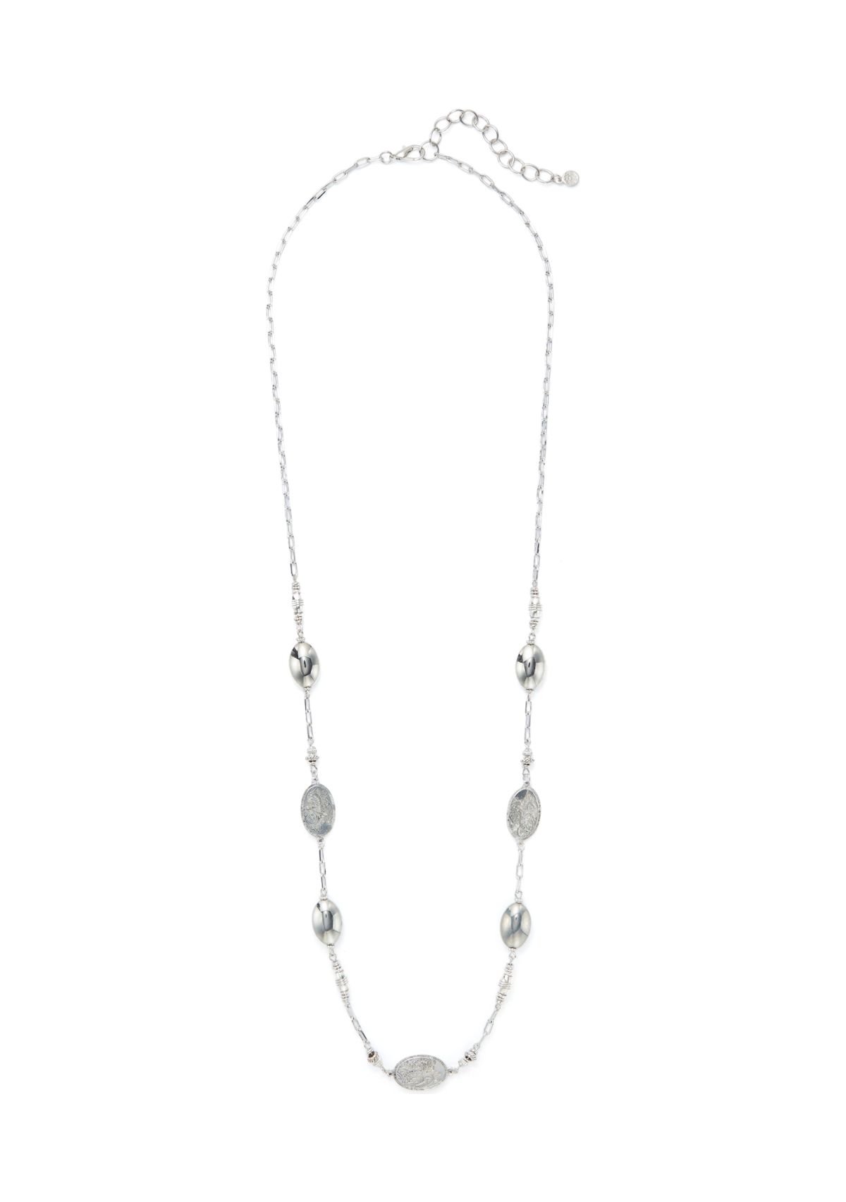 Silver Tone Long Linked Etched Bead Necklace