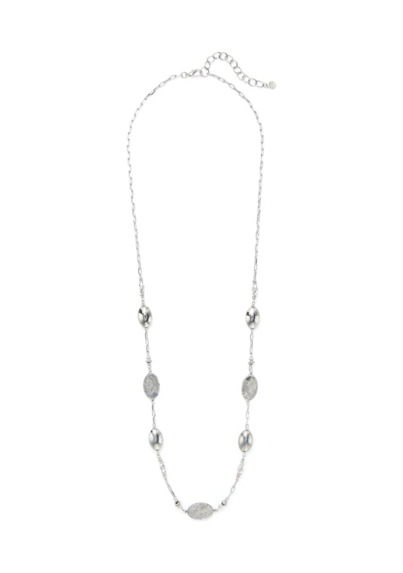 Silver Tone Long Linked Etched Bead Necklace