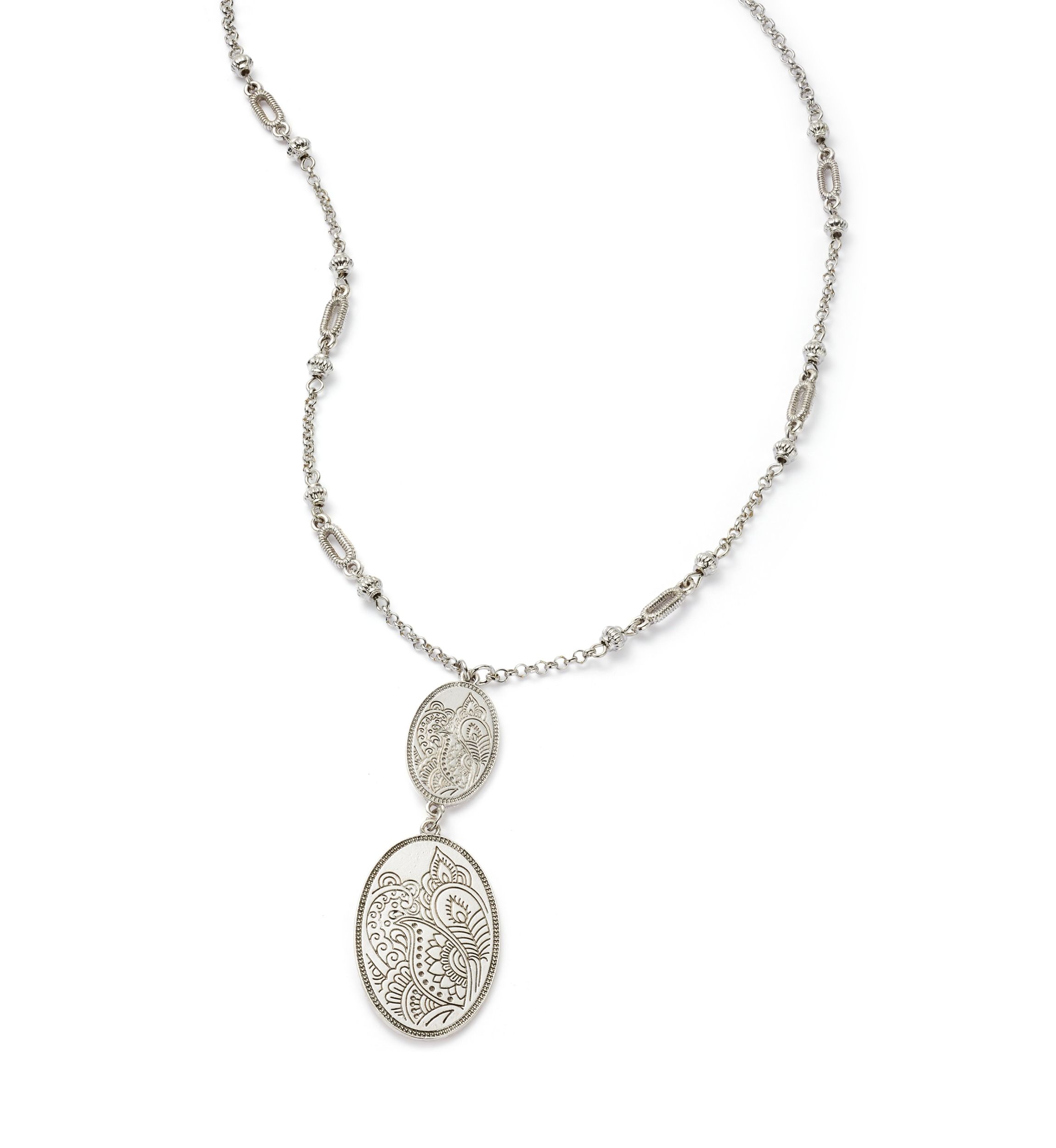 Silver Tone Long Double Etched Oval Pendant Necklace