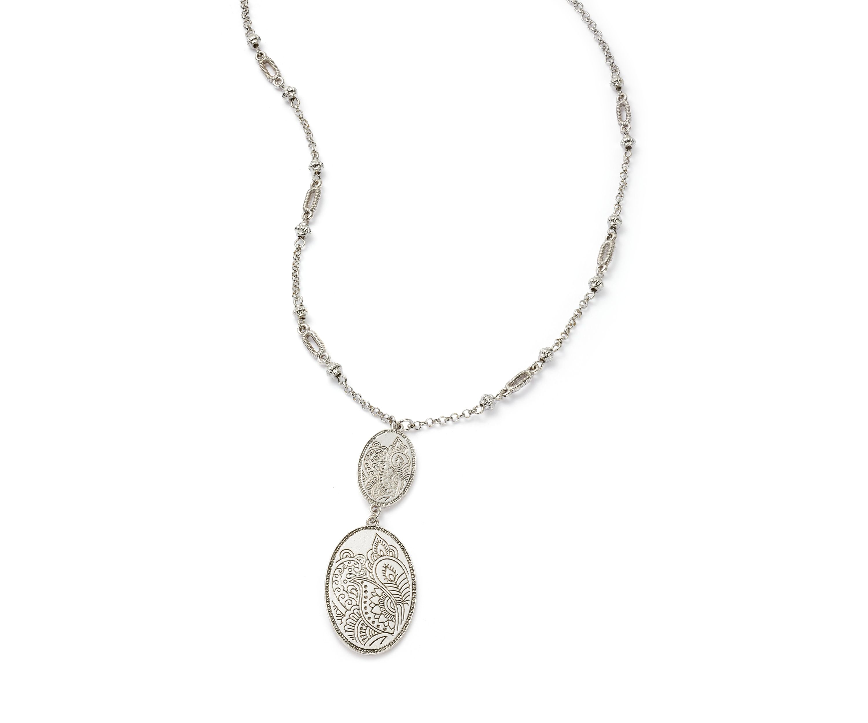 Silver Tone Long Double Etched Oval Pendant Necklace