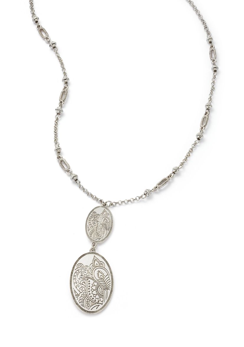 Silver Tone Long Double Etched Oval Pendant Necklace