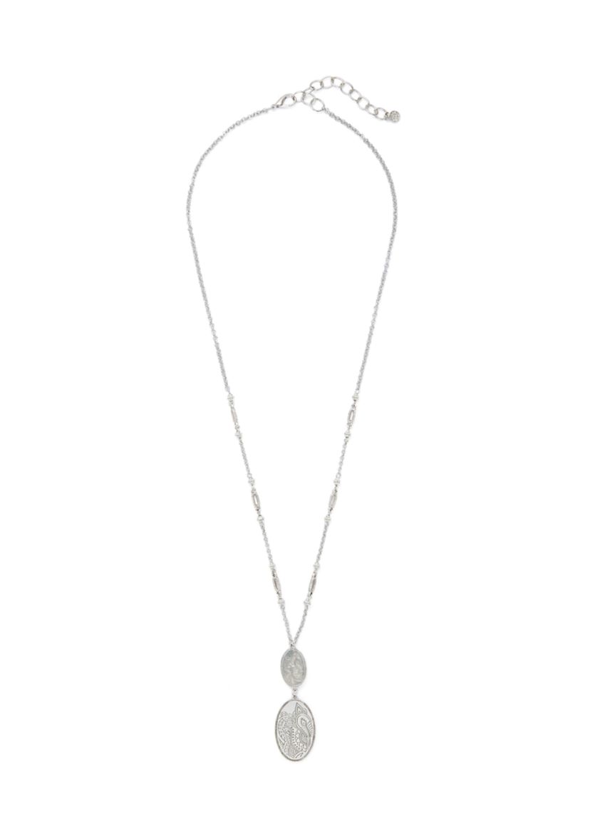 Silver Tone Long Double Etched Oval Pendant Necklace