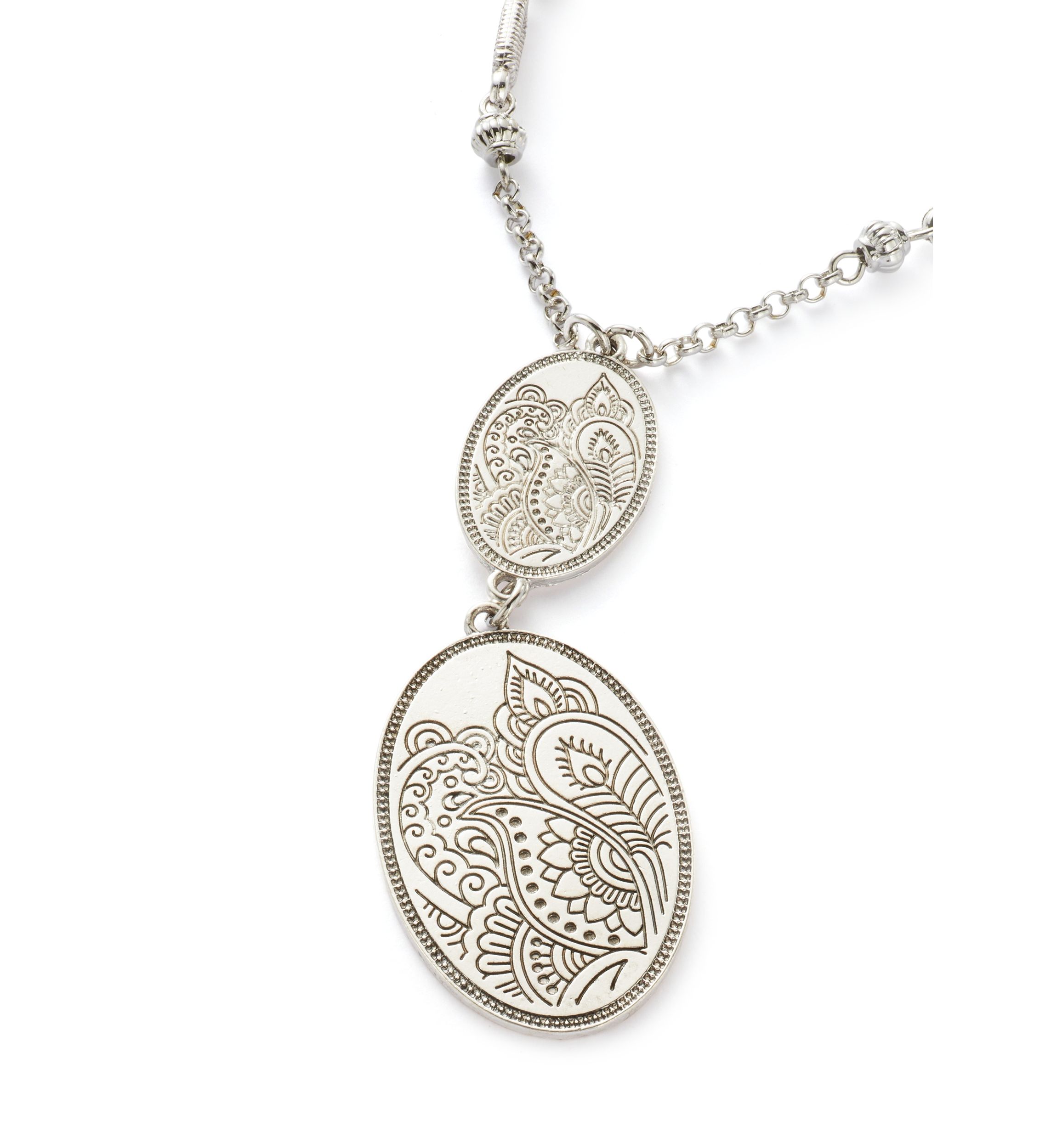 Silver Tone Long Double Etched Oval Pendant Necklace