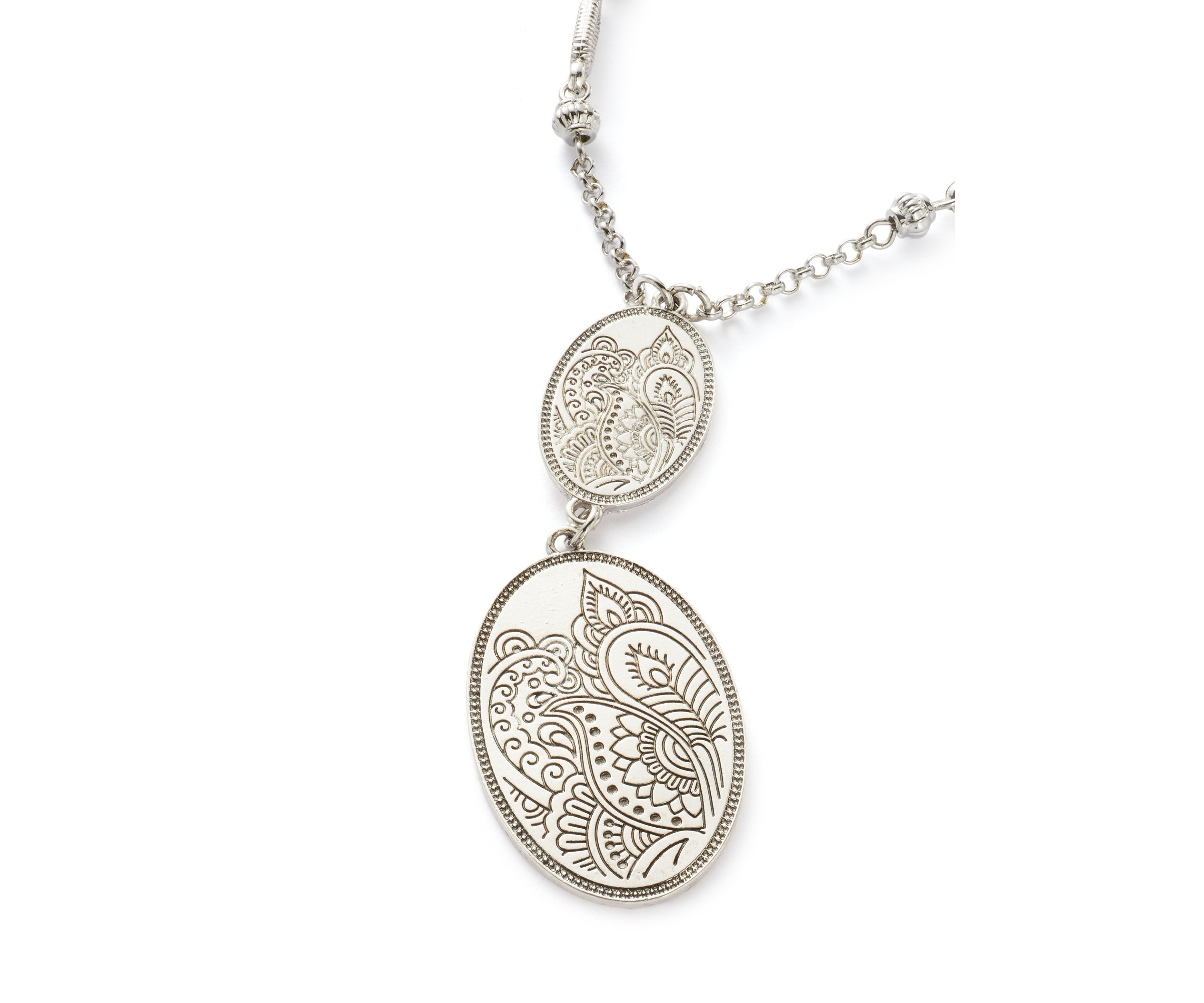 Silver Tone Long Double Etched Oval Pendant Necklace