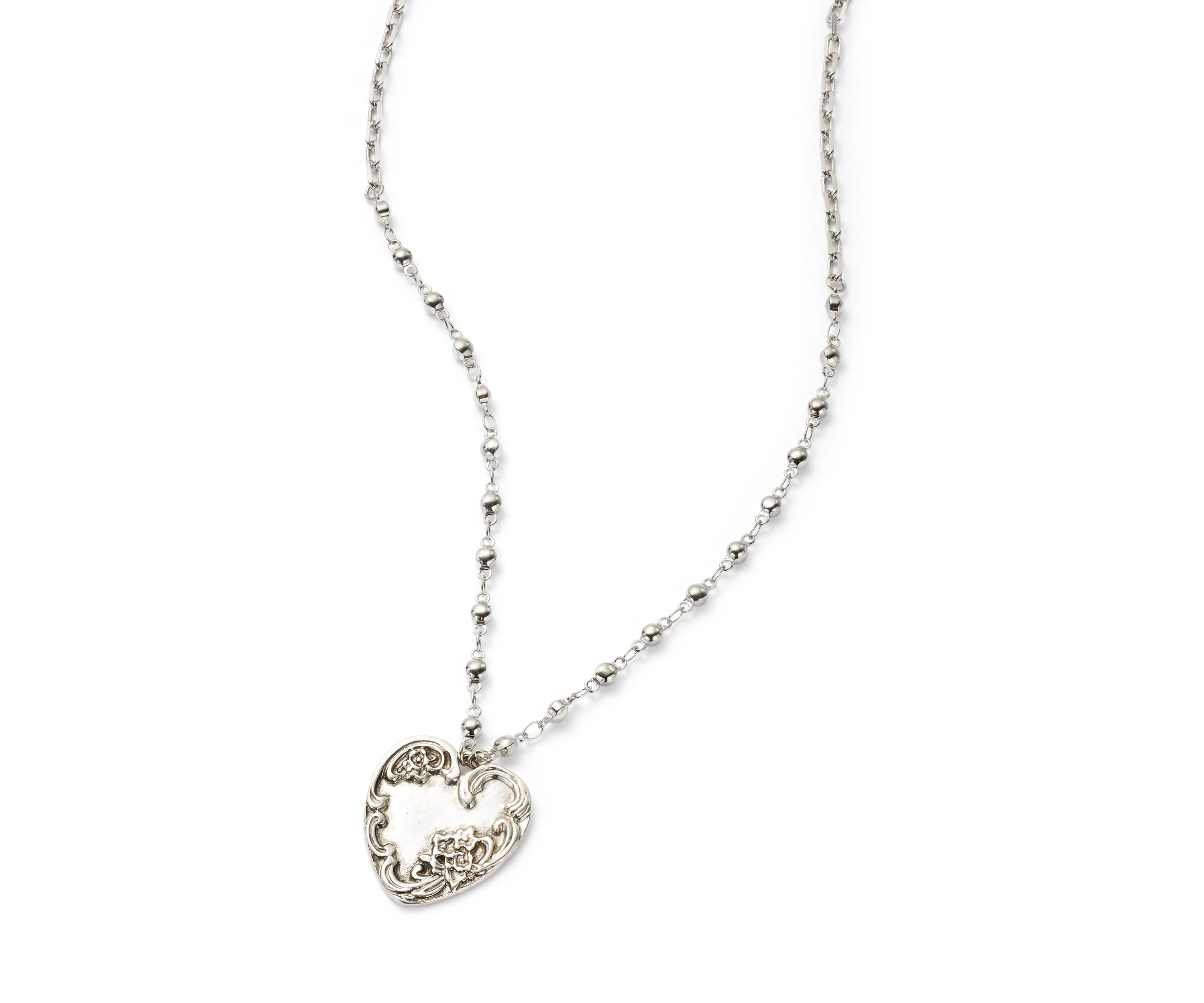 Silver Tone Etched Heart Pendant Necklace