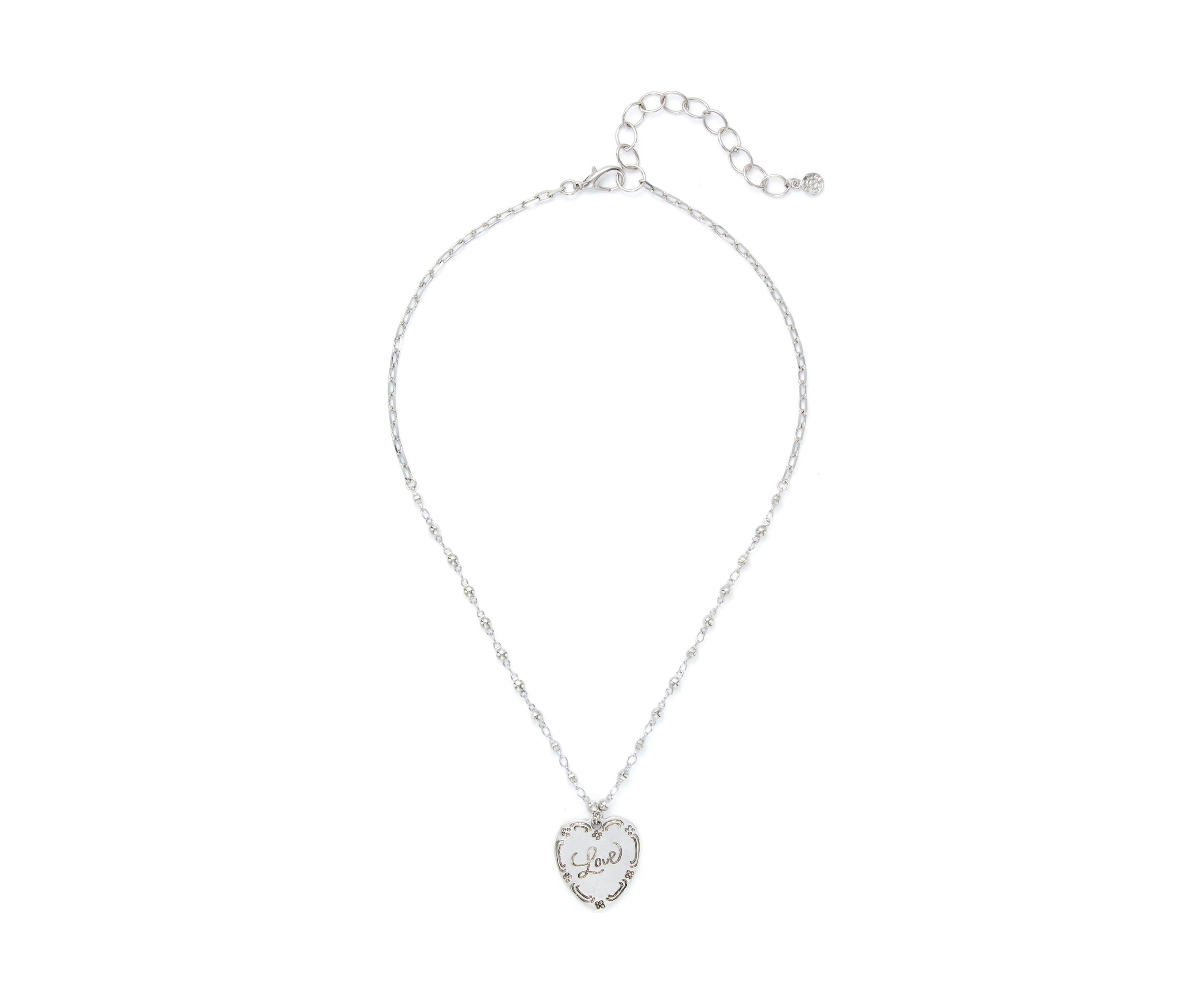 Silver Tone Etched Heart Pendant Necklace
