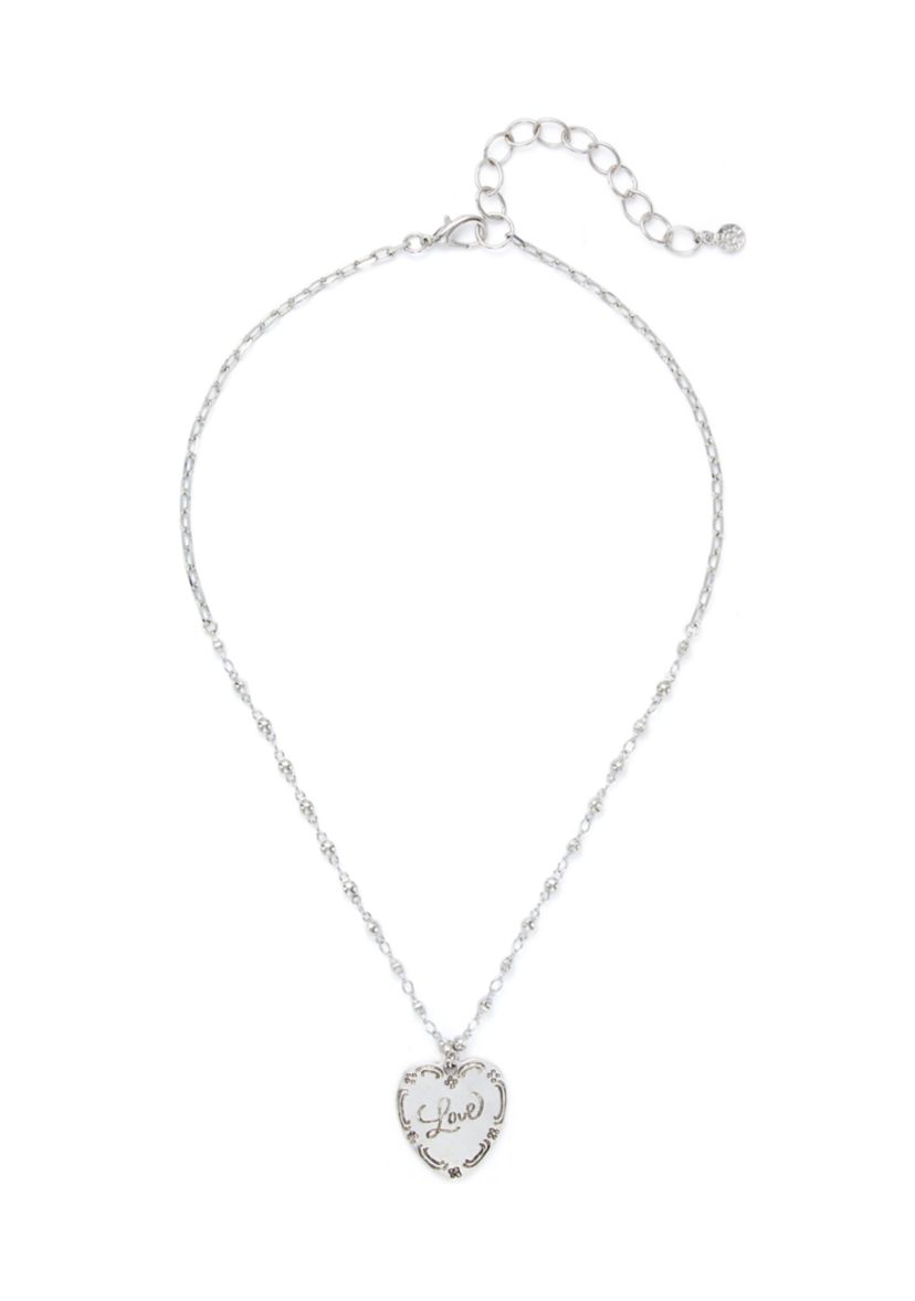 Silver Tone Etched Heart Pendant Necklace
