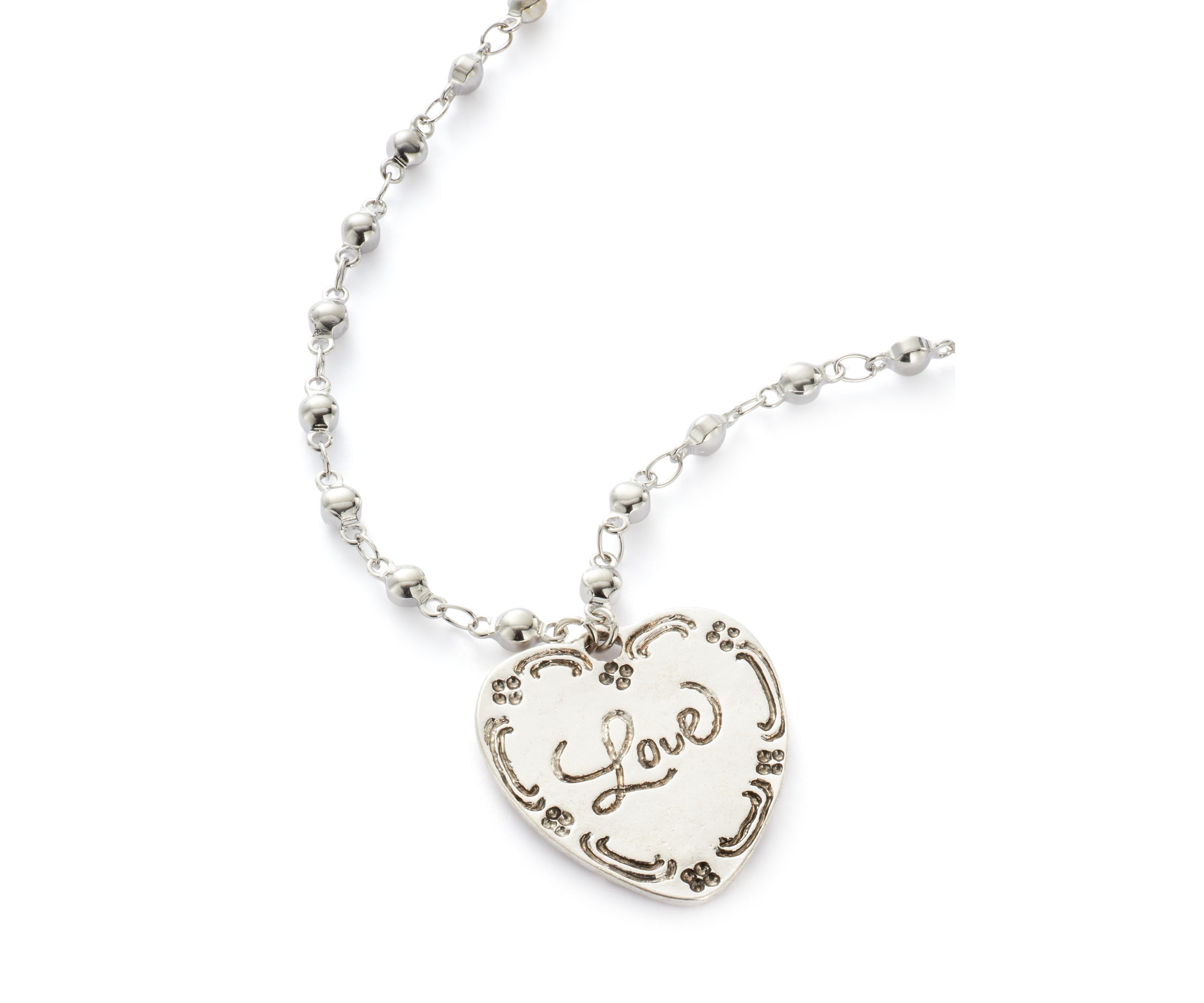 Silver Tone Etched Heart Pendant Necklace
