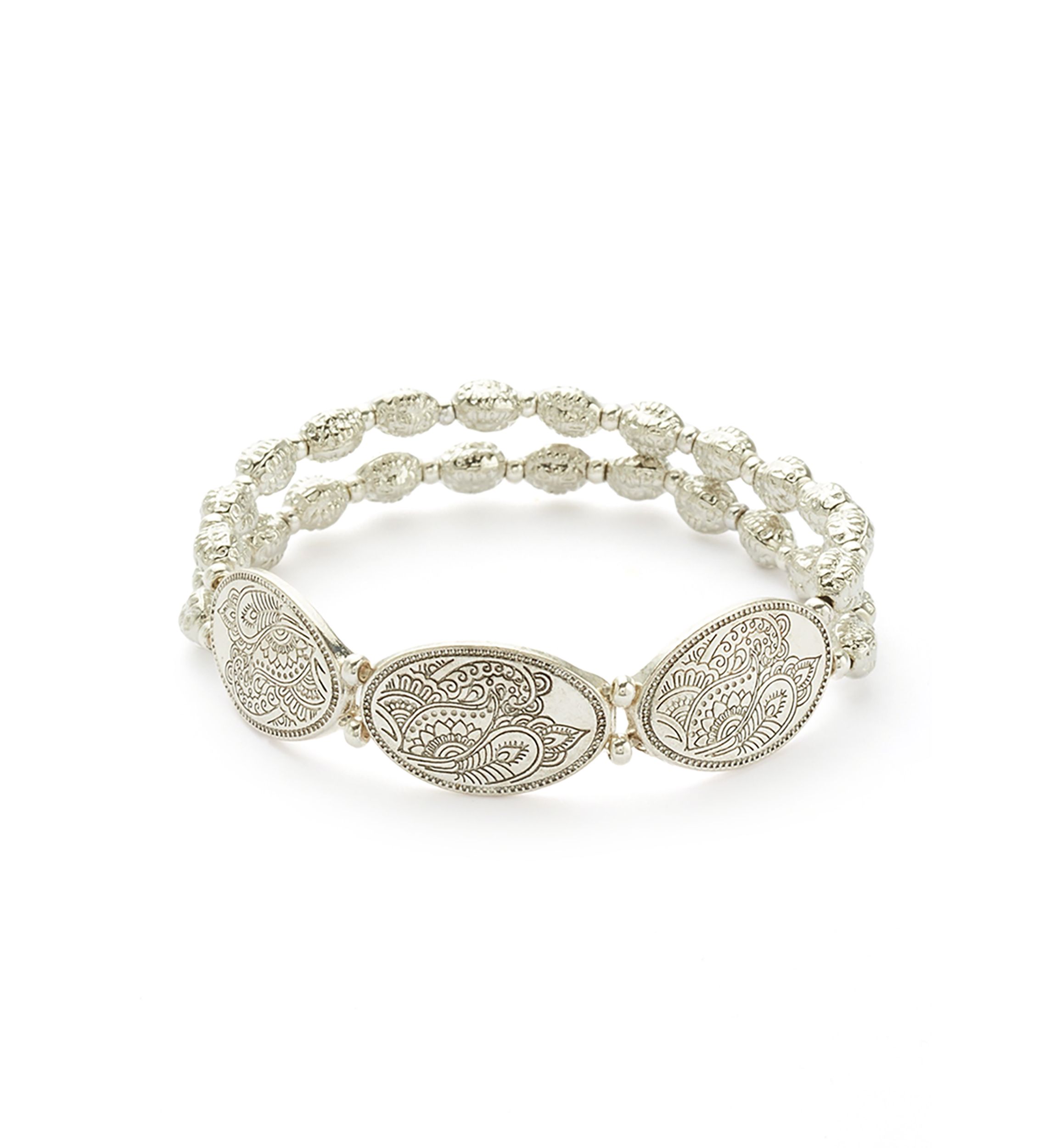 Silver Tone Beaded Stretch Oval Disc Bracelet