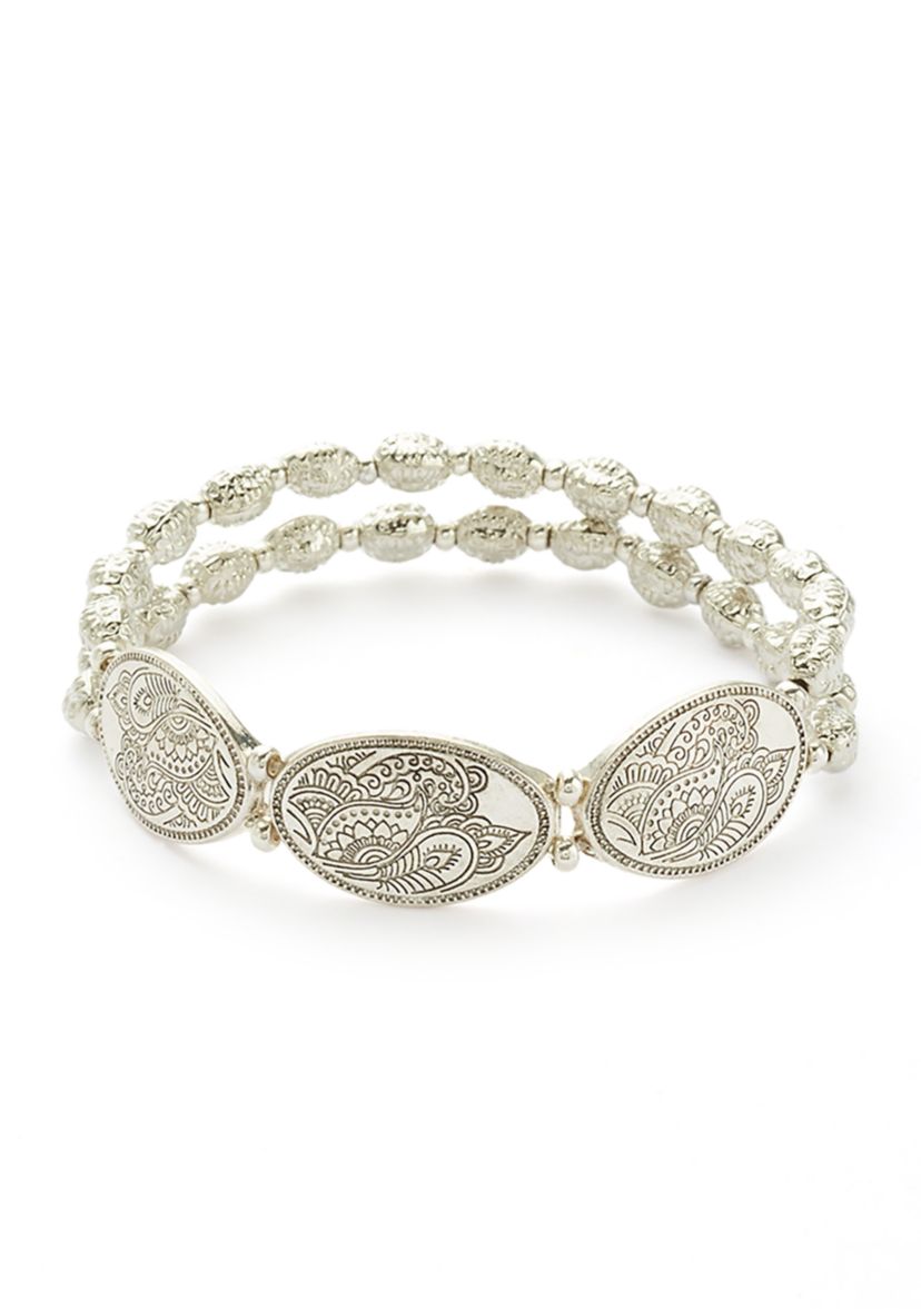 Silver Tone Beaded Stretch Oval Disc Bracelet