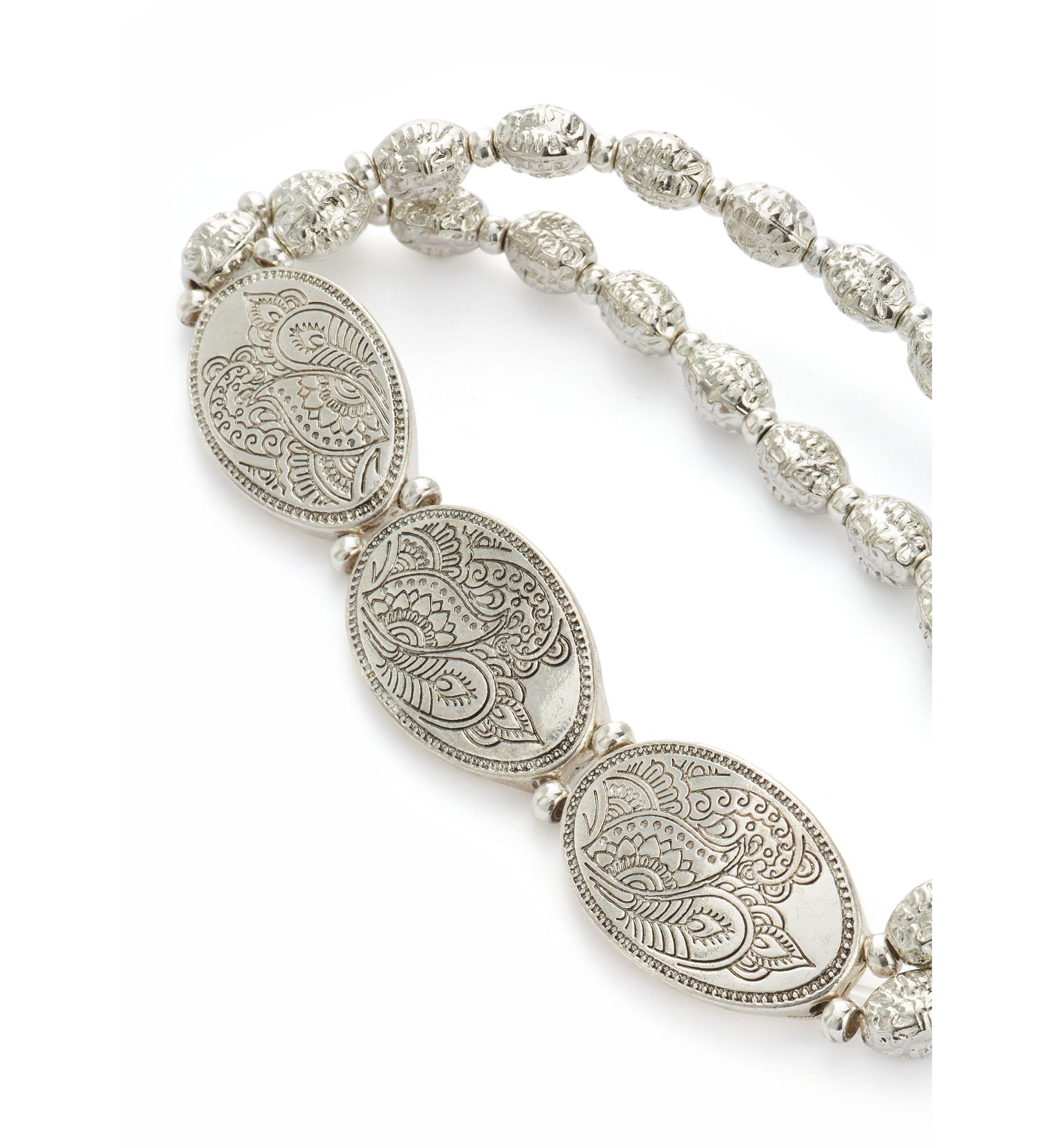 Silver Tone Beaded Stretch Oval Disc Bracelet
