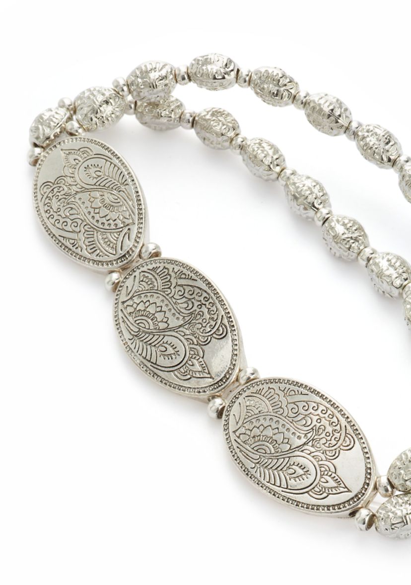 Silver Tone Beaded Stretch Oval Disc Bracelet