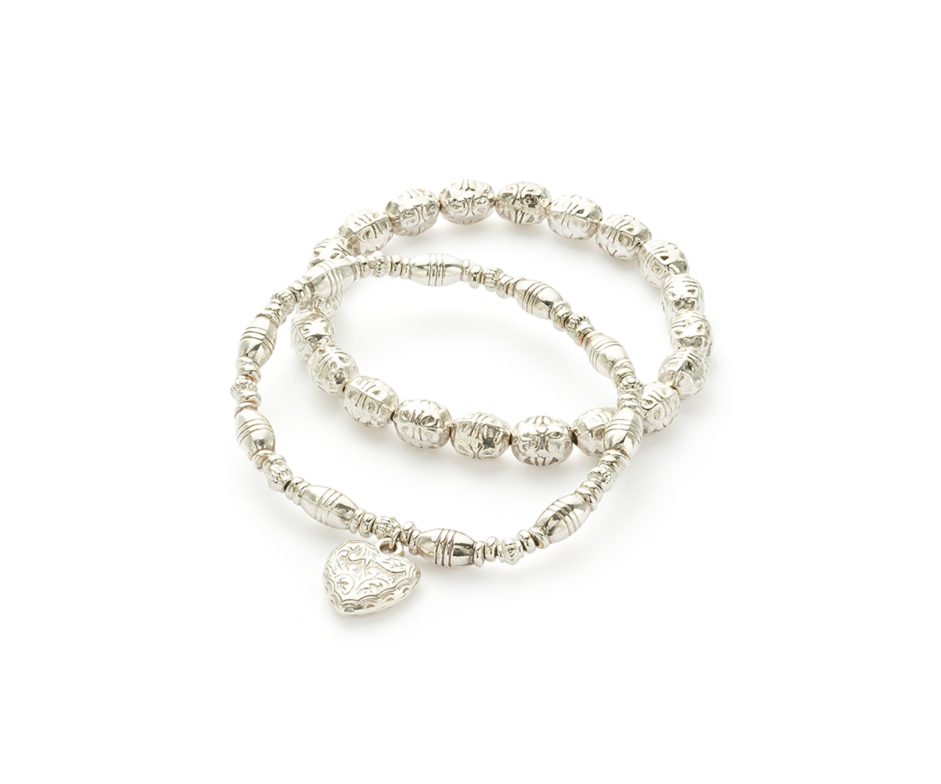 Womens Silver Tone Beaded Stretch Heart Drop Bracelet Set