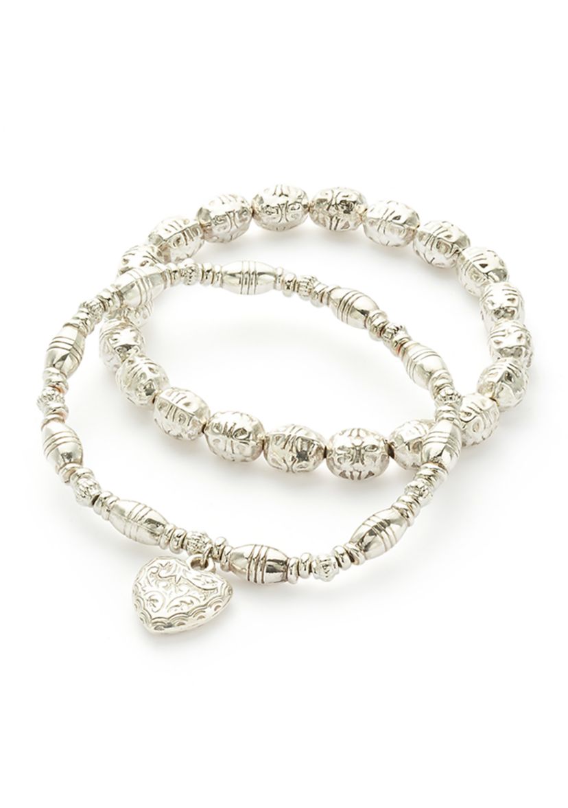 Womens Silver Tone Beaded Stretch Heart Drop Bracelet Set