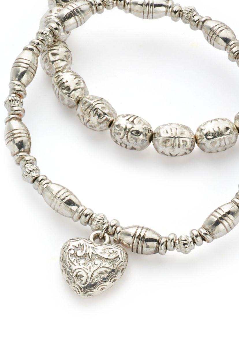 Womens Silver Tone Beaded Stretch Heart Drop Bracelet Set