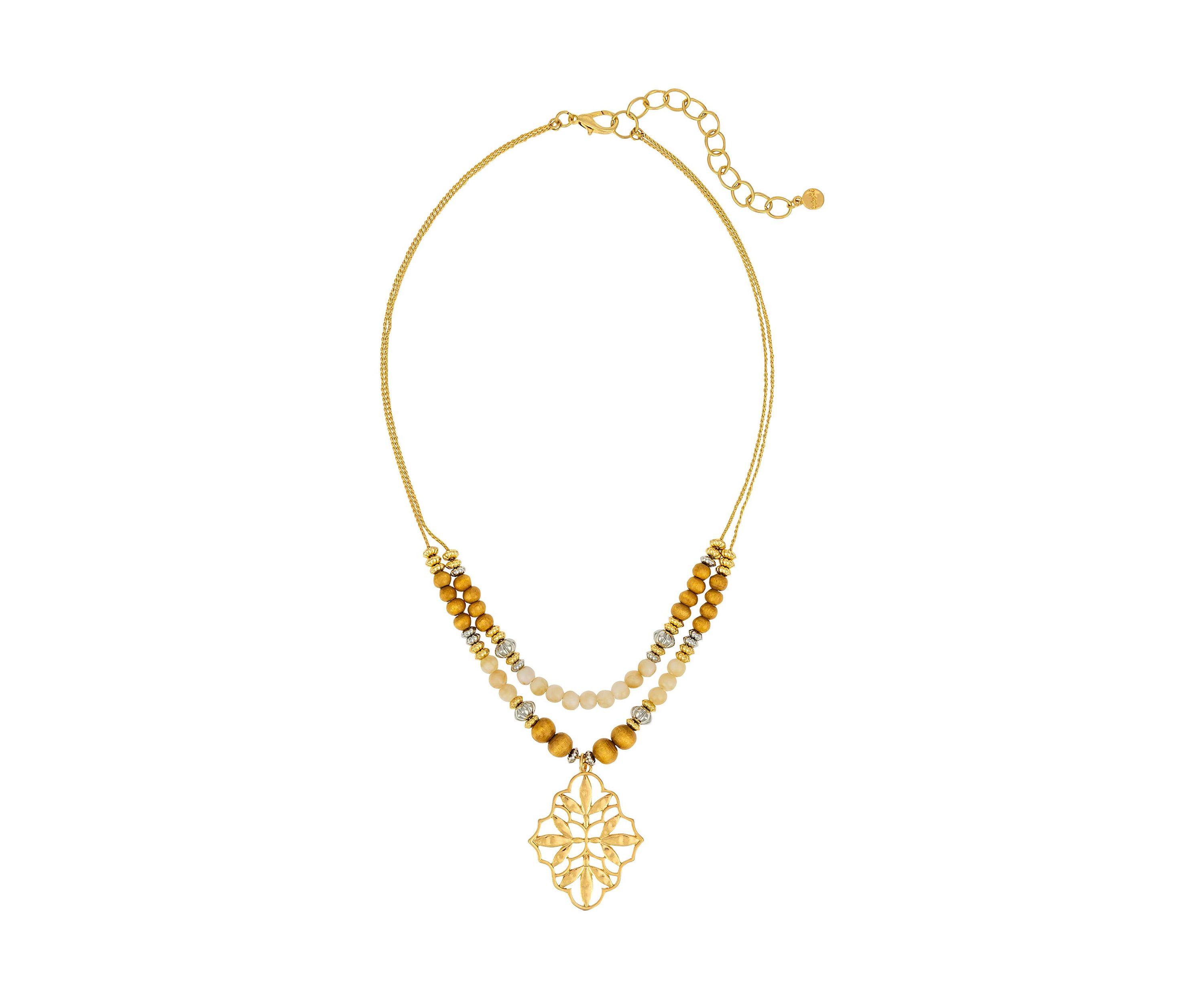 Two Tone 2 Row Multi Natural Beaded Necklace with Filigree Pendant