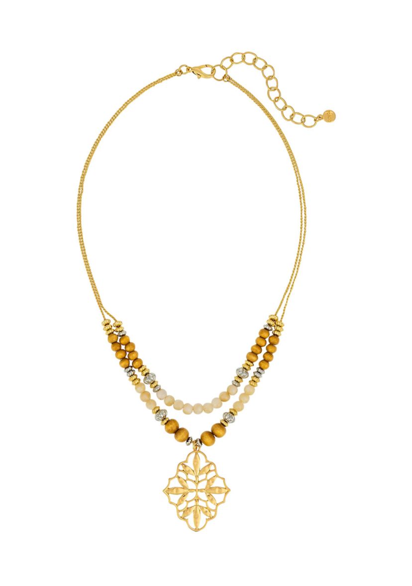 Two Tone 2 Row Multi Natural Beaded Necklace with Filigree Pendant
