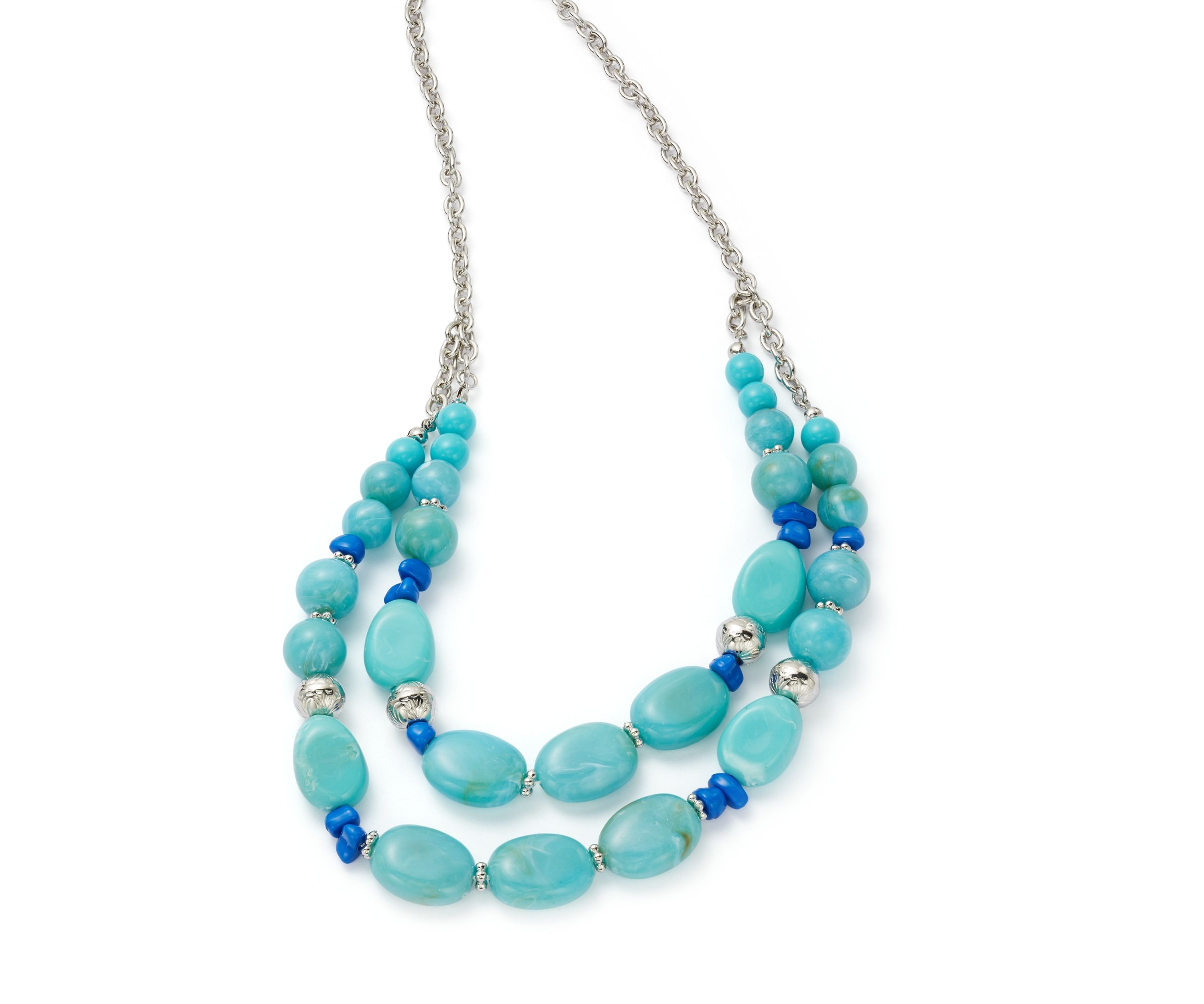 Silver Tone Turquoise 2 Row Beaded Frontal Necklace