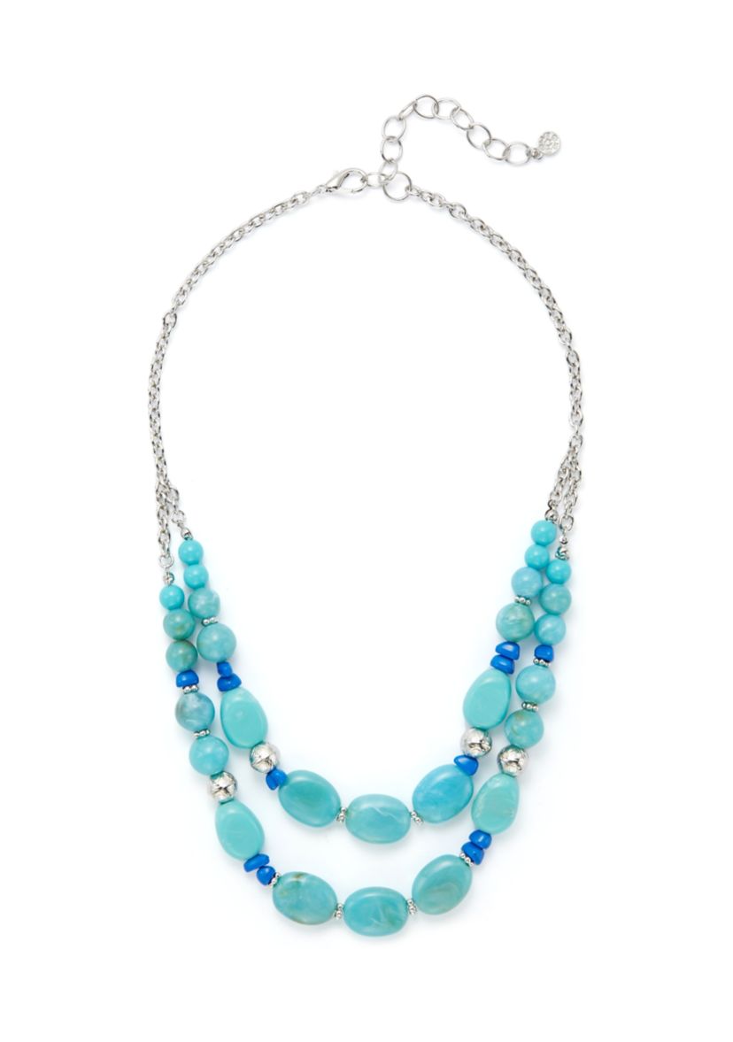 Silver Tone Turquoise 2 Row Beaded Frontal Necklace