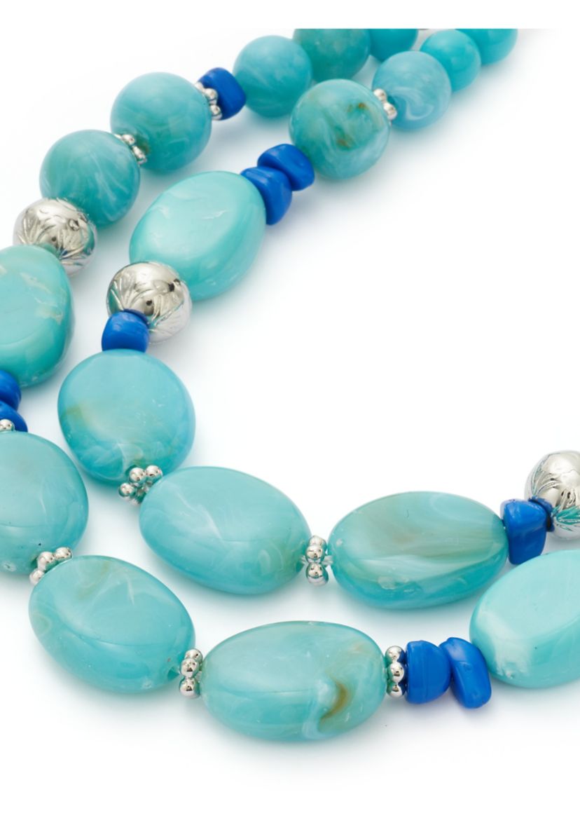 Silver Tone Turquoise 2 Row Beaded Frontal Necklace