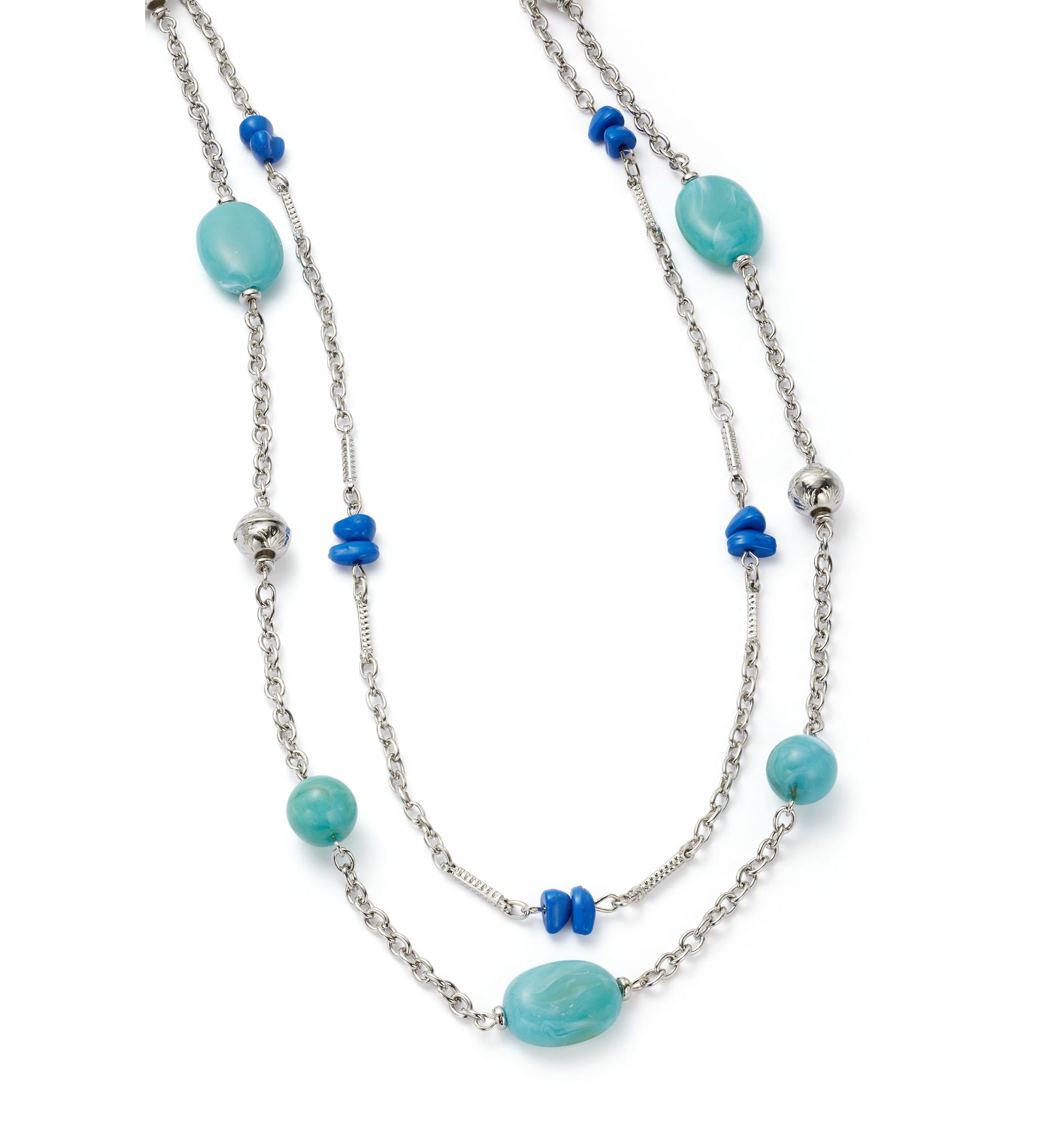 Silver Tone Turquoise Long 2 Row Illusion Necklace