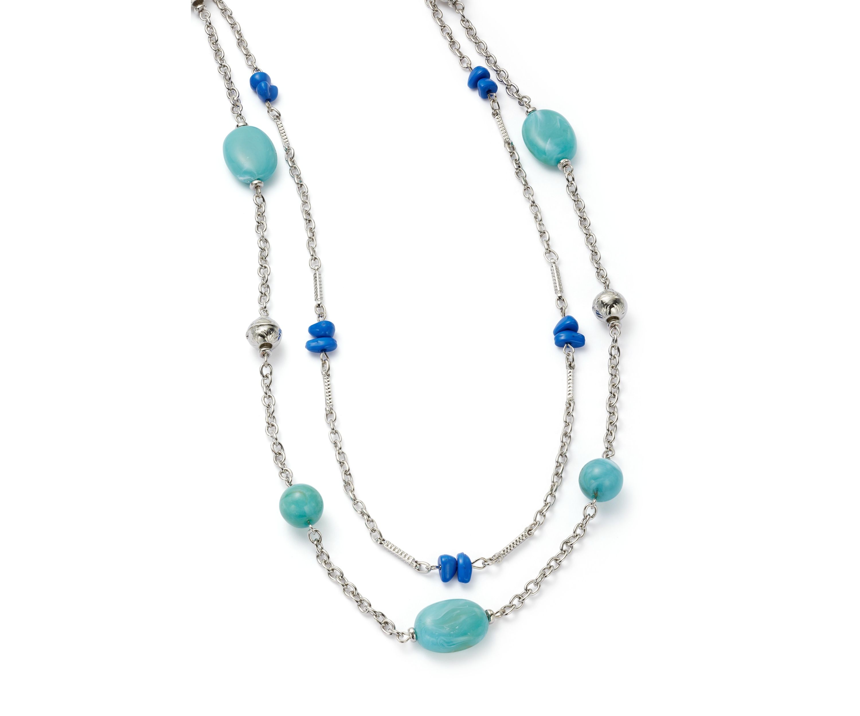 Silver Tone Turquoise Long 2 Row Illusion Necklace