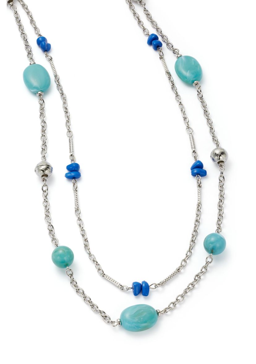 Silver Tone Turquoise Long 2 Row Illusion Necklace