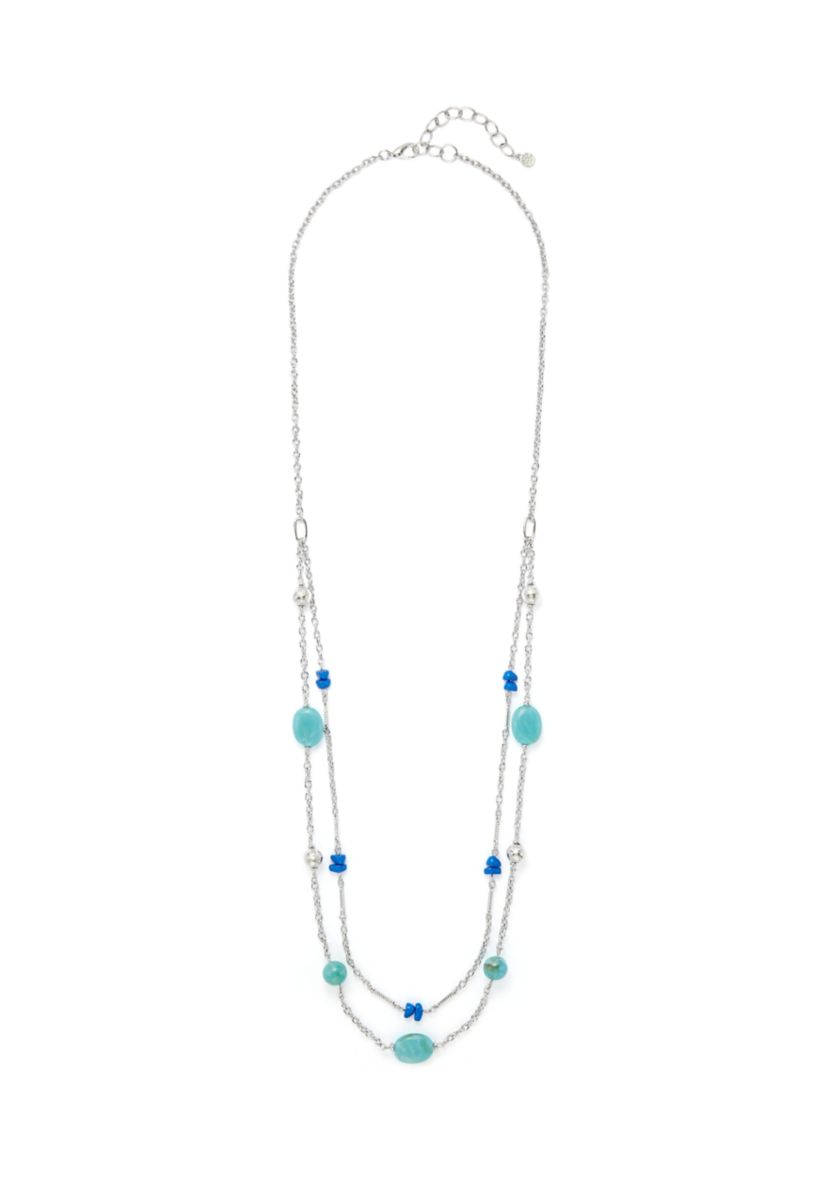 Silver Tone Turquoise Long 2 Row Illusion Necklace