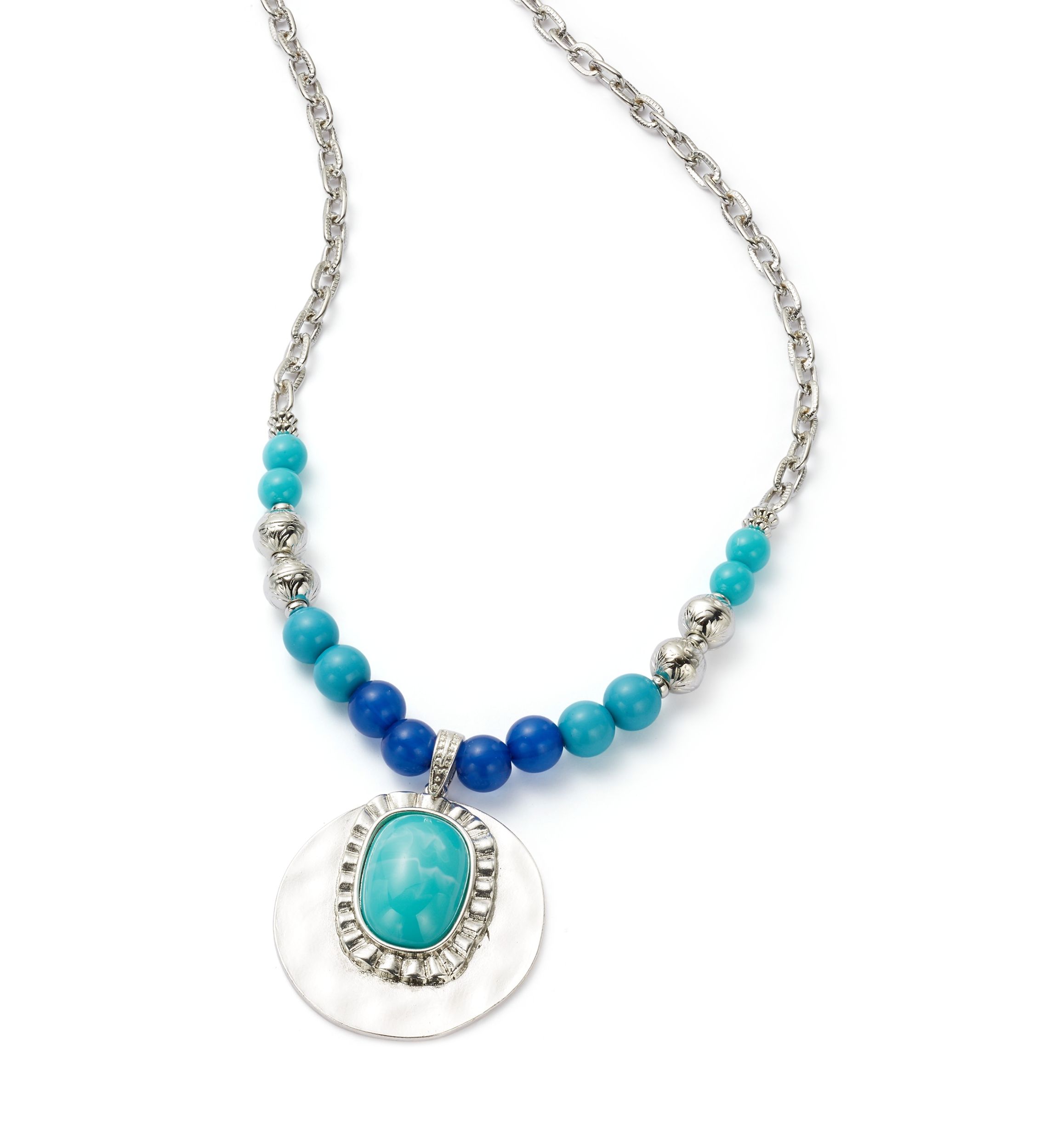 Silver Tone Turquoise Bead Pendant Necklace