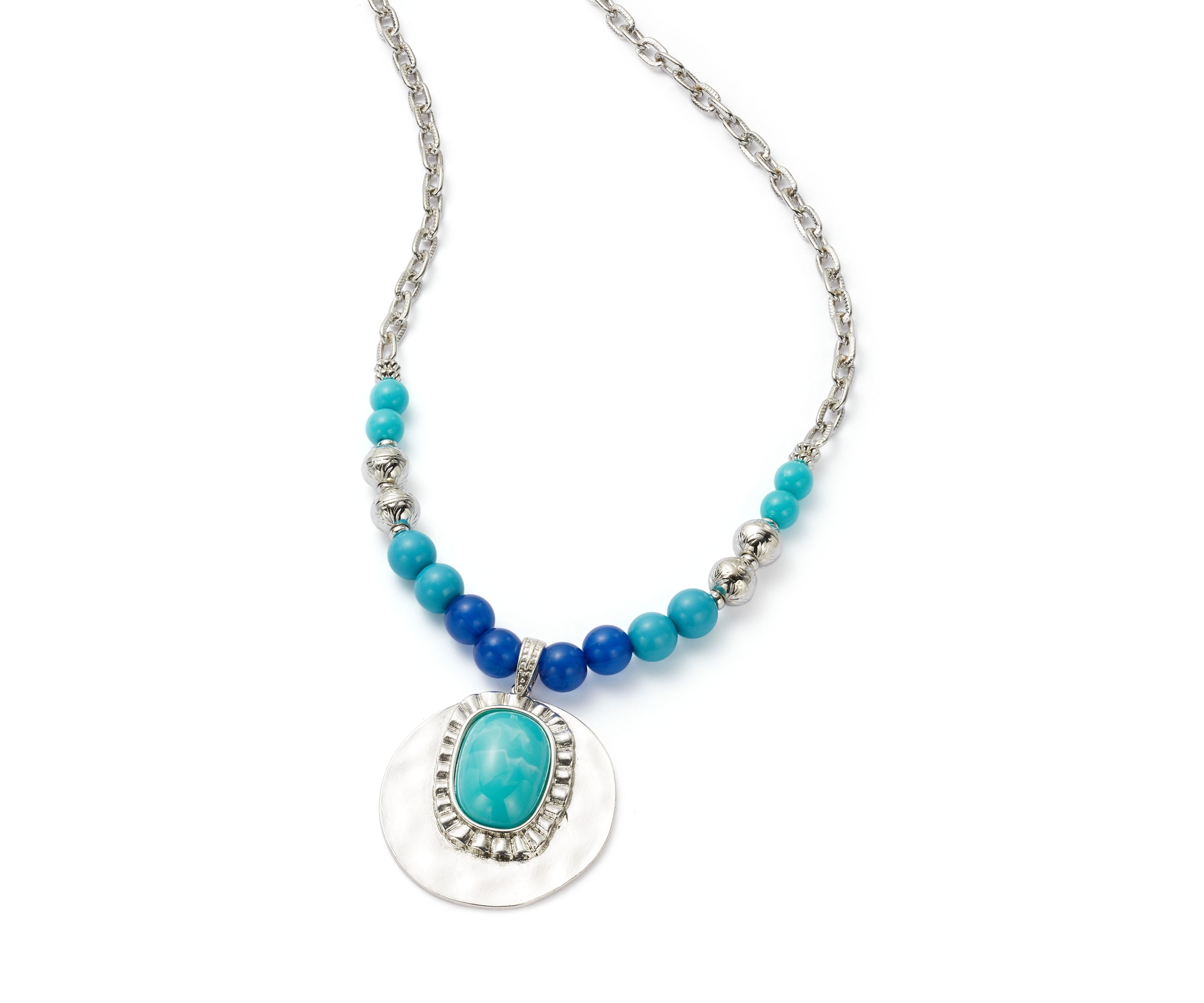 Silver Tone Turquoise Bead Pendant Necklace