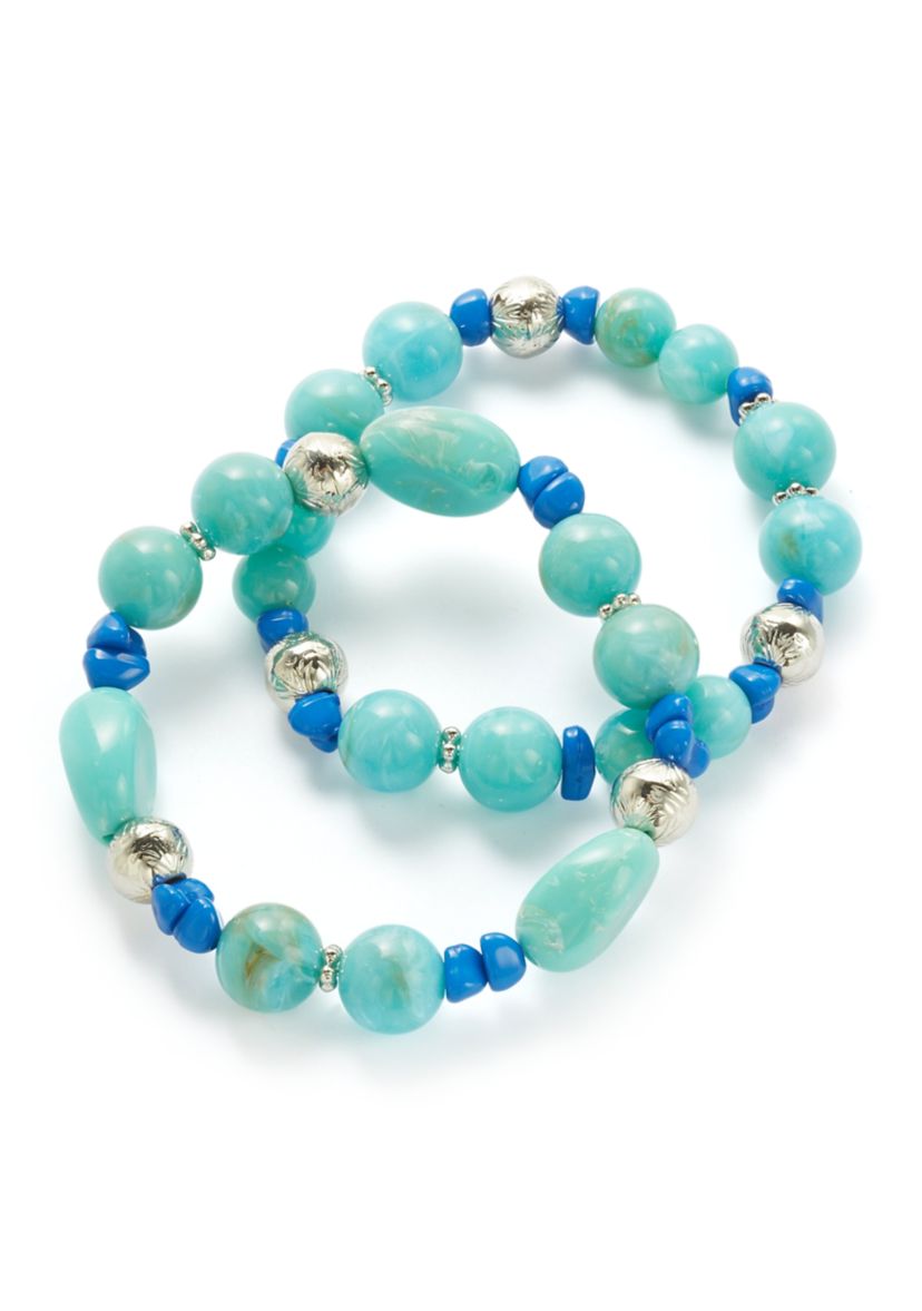 Womens Silver Tone Turquoise Bead Bracelet Set