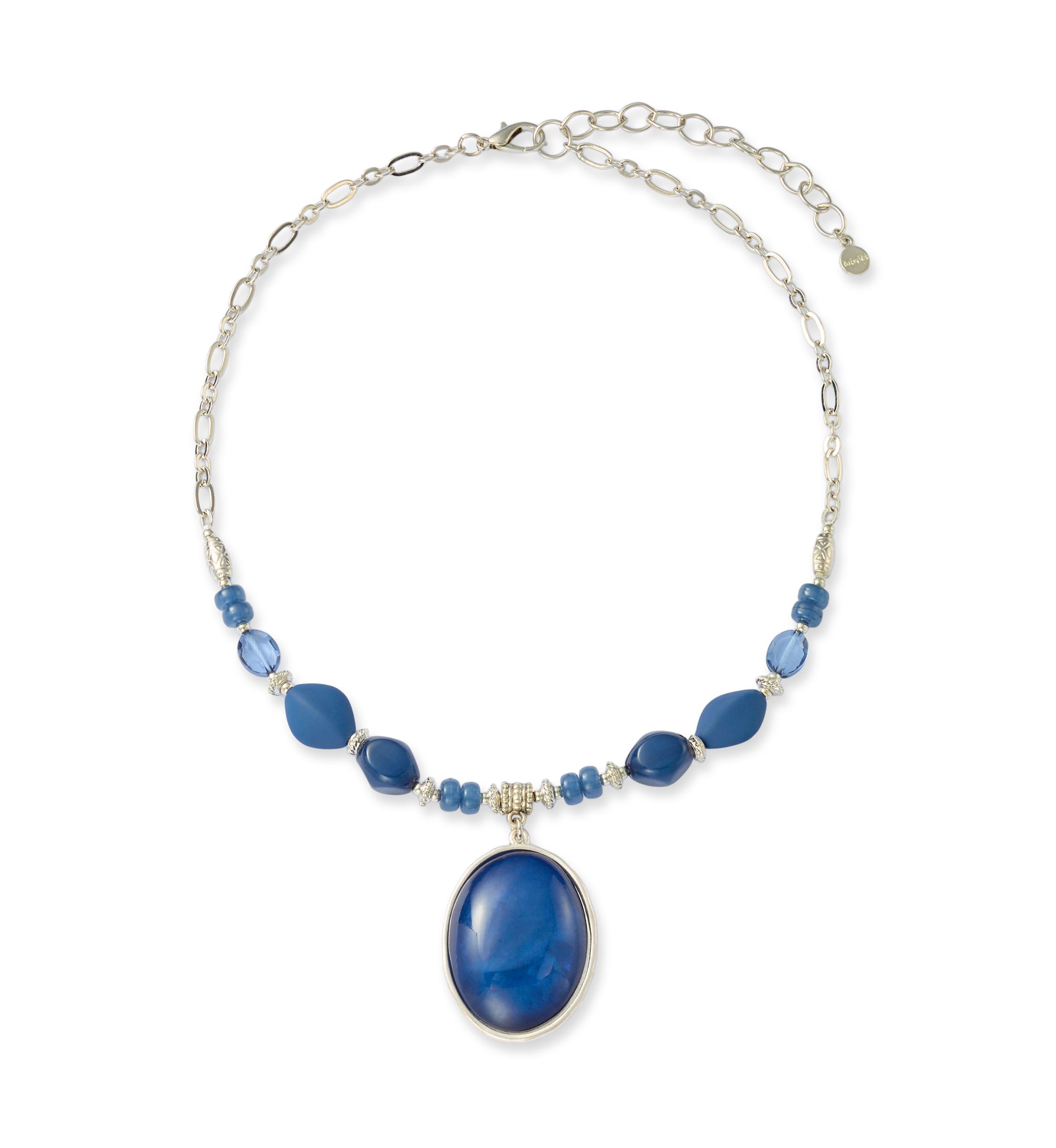 Silver Tone Frontal Blue Beaded Necklace with Blue Pendant Drop