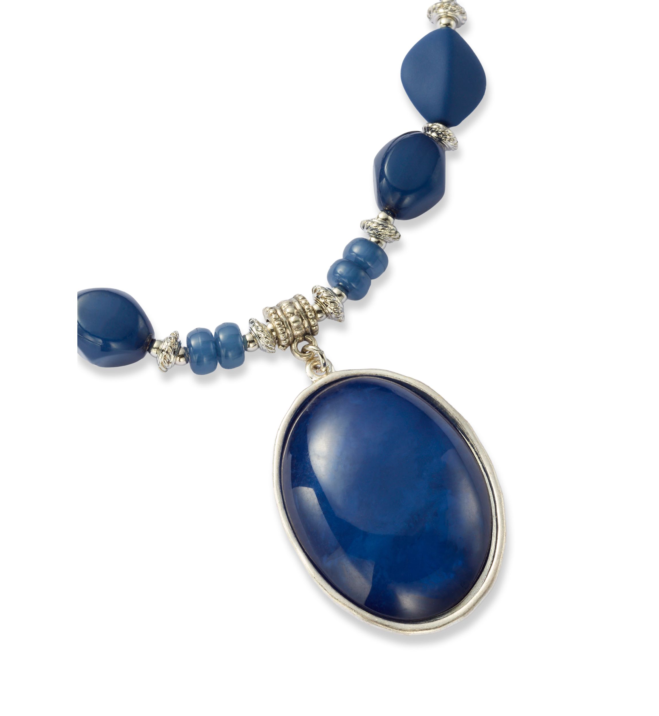 Silver Tone Frontal Blue Beaded Necklace with Blue Pendant Drop