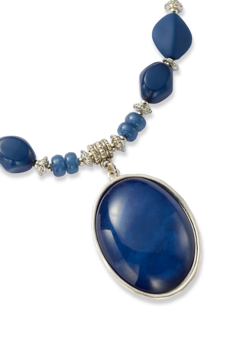 Silver Tone Frontal Blue Beaded Necklace with Blue Pendant Drop