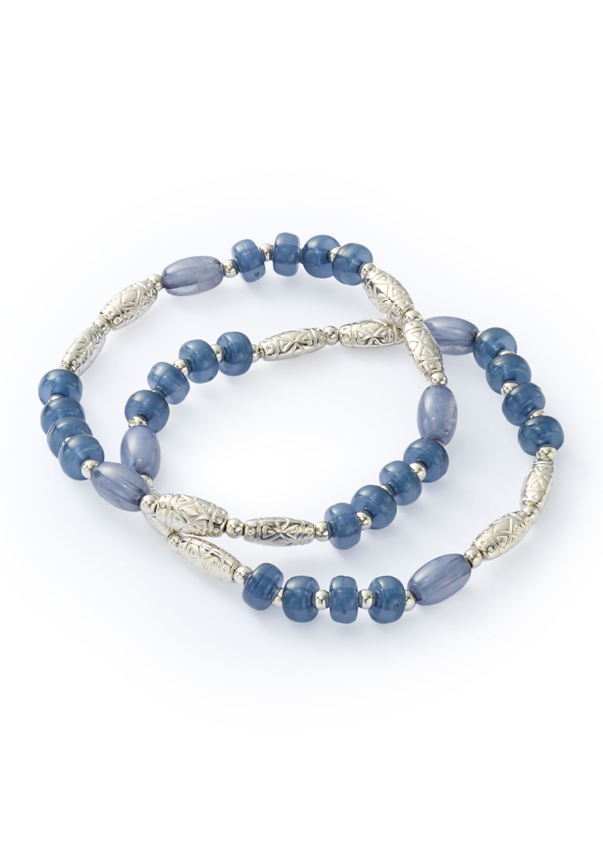 2 Row Blue Beaded Silver Tone Stretch Bracelet
