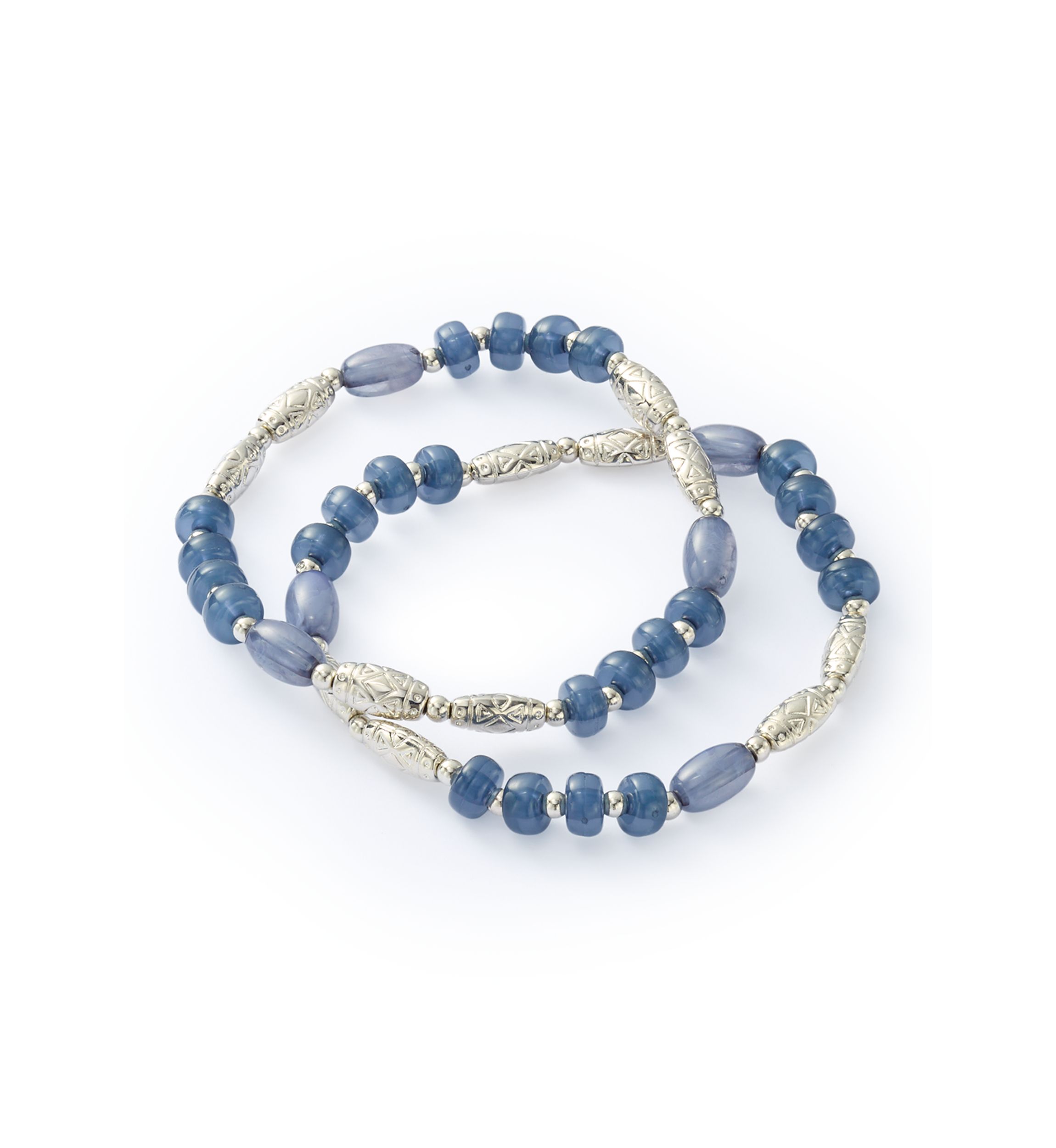 2 Row Blue Beaded Silver Tone Stretch Bracelet