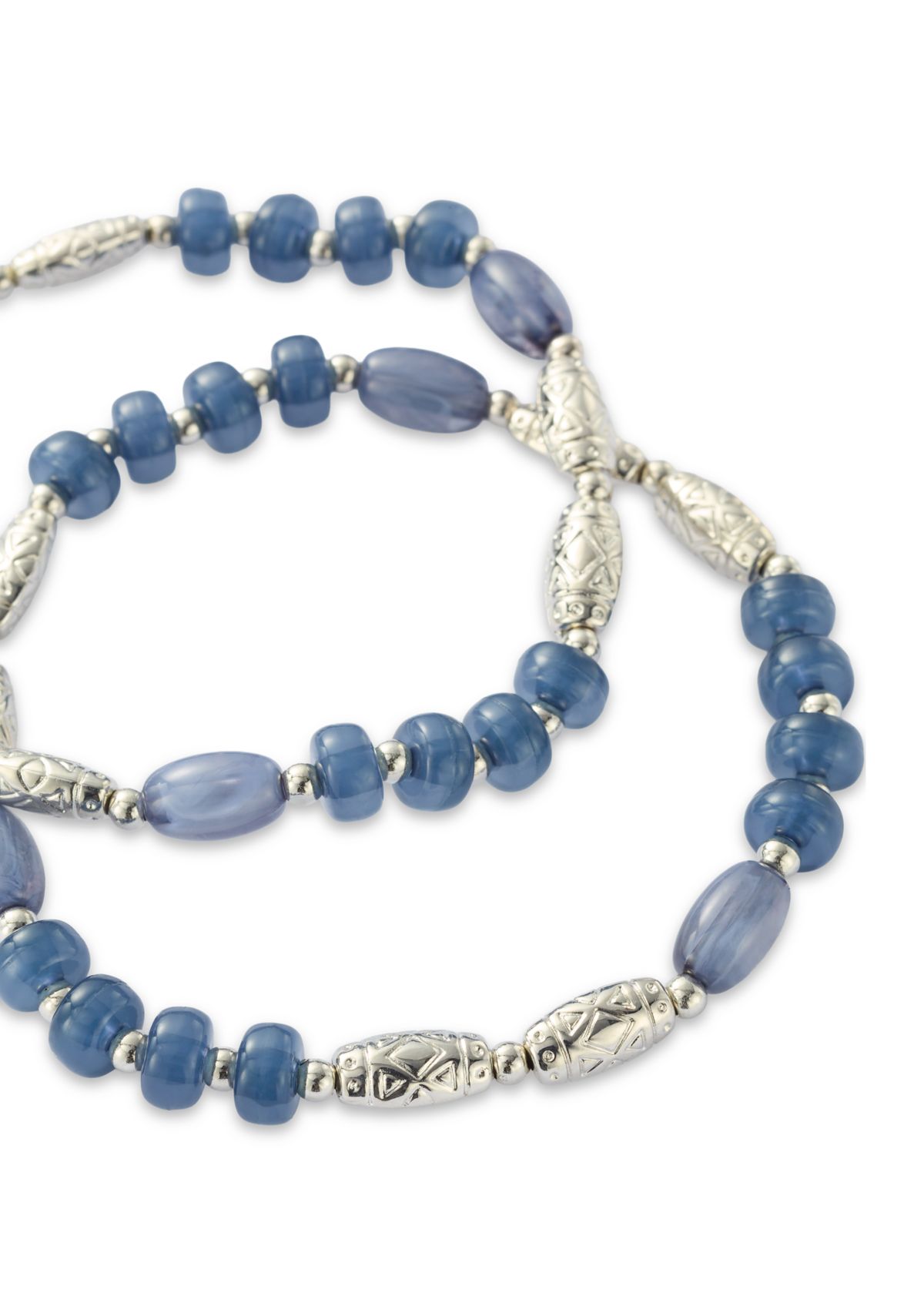 2 Row Blue Beaded Silver Tone Stretch Bracelet